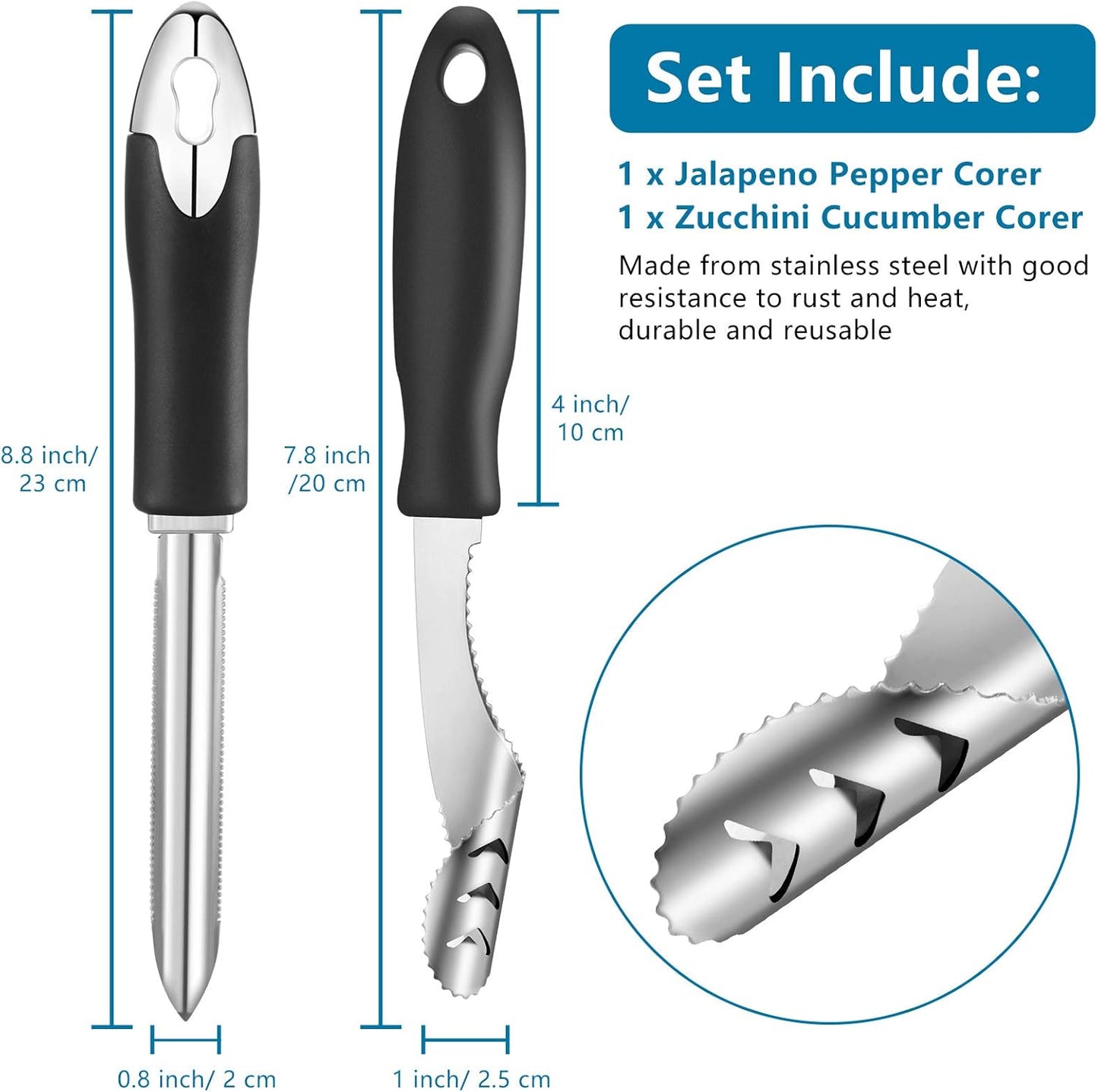2 Pieces Jalapeno Pepper Corer Zucchini Cucumber Corer Remover with Serrated Slice and Rubber Handle Seed Remover or Slice Off Vegetables Tops for Kitchen