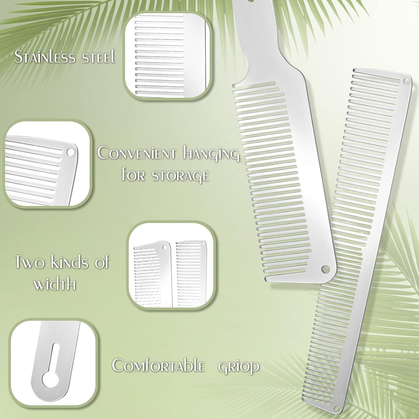 2 Pcs Stainless Steel Comb for Men, Metal Fine Tooth Flat Top Clipper Comb Set for Men Women Barber Salon, 2 Styles(Silver)