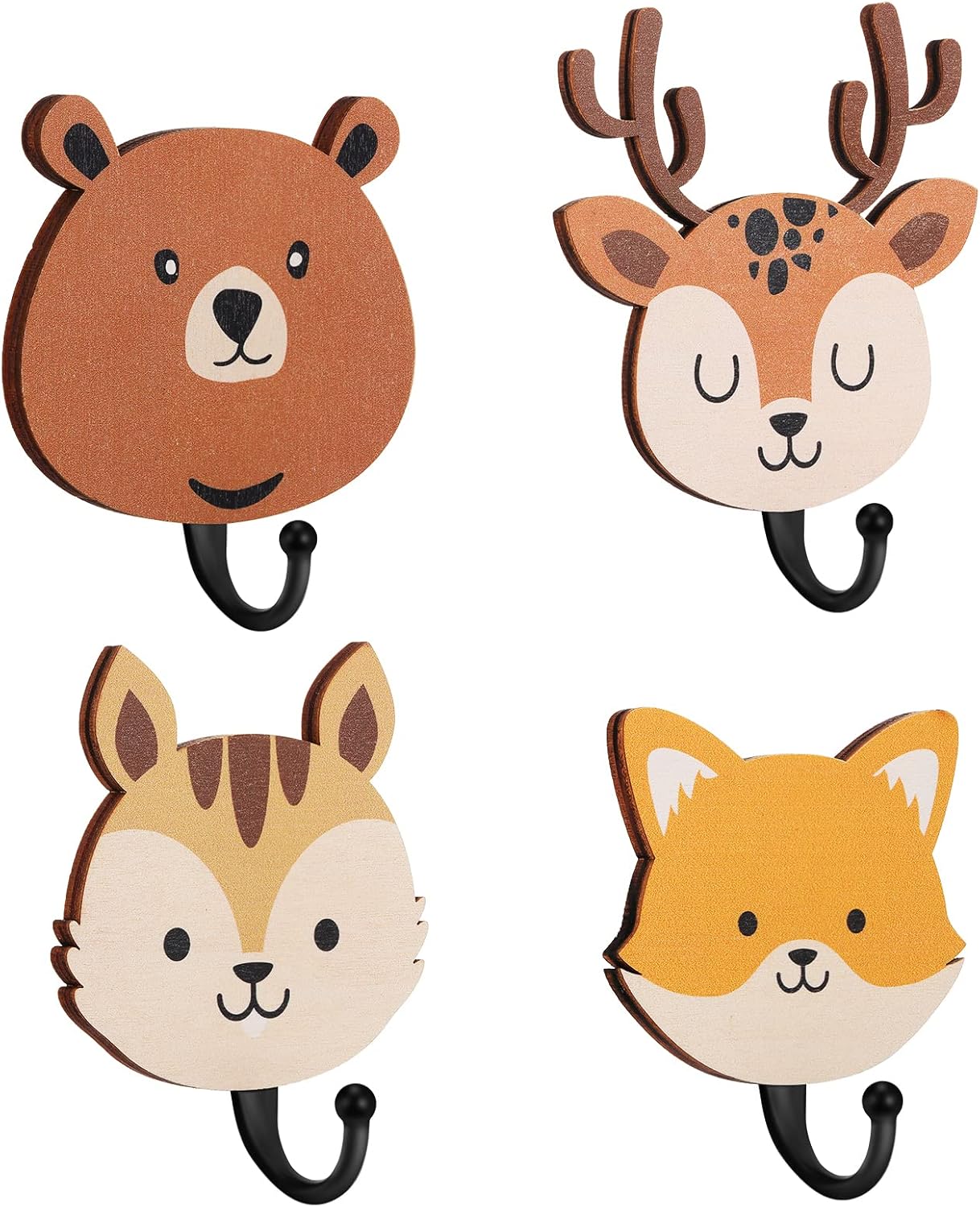 4 Pcs Kids Wall Hooks Wooden Safari Animal Decorative Wall Mount Coat Hooks Jungle Animal Theme Nursery Decor Cute Towel Hanger for Kids Room Bedroom Bathroom Home Decorations