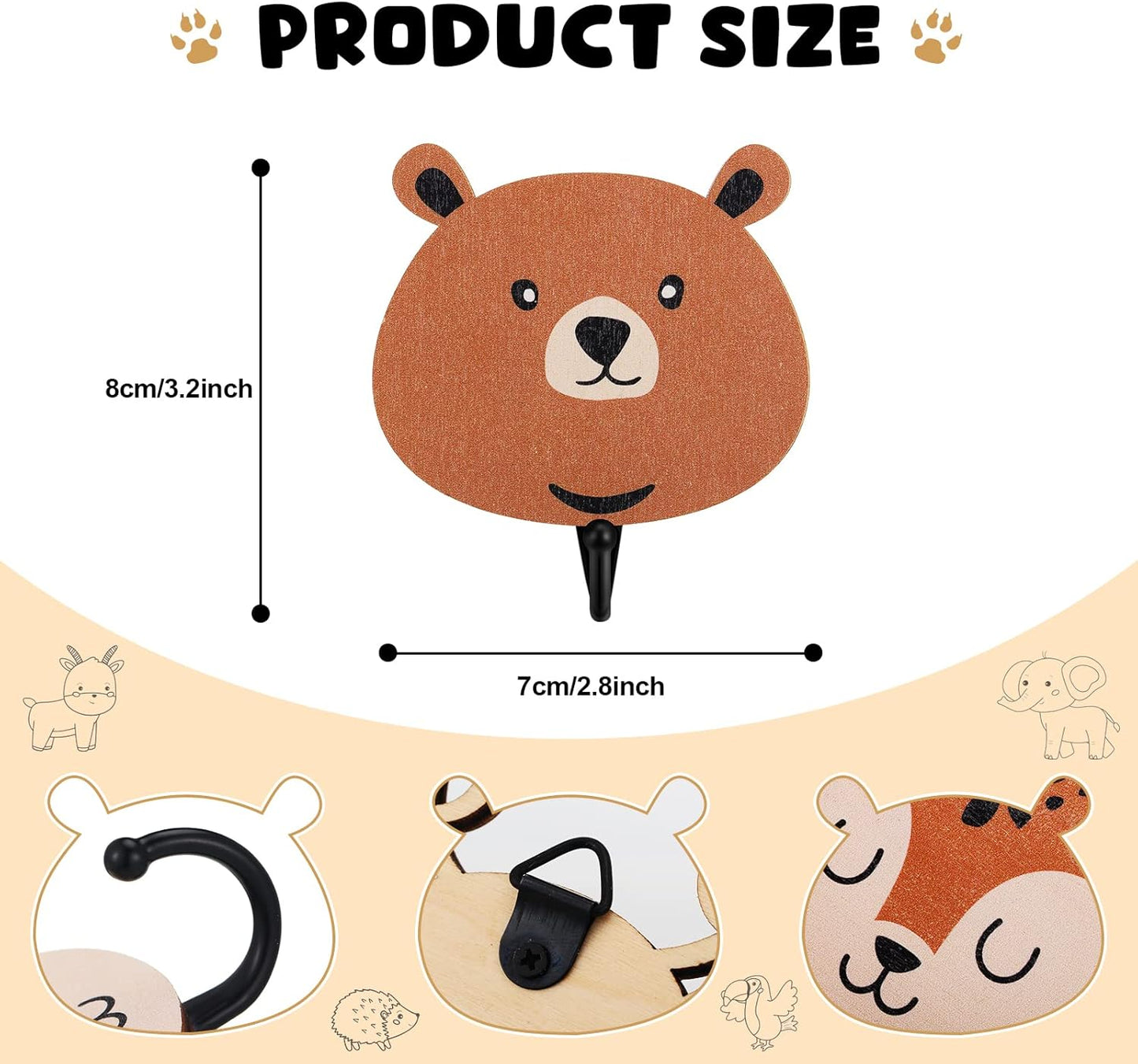 4 Pcs Kids Wall Hooks Wooden Safari Animal Decorative Wall Mount Coat Hooks Jungle Animal Theme Nursery Decor Cute Towel Hanger for Kids Room Bedroom Bathroom Home Decorations