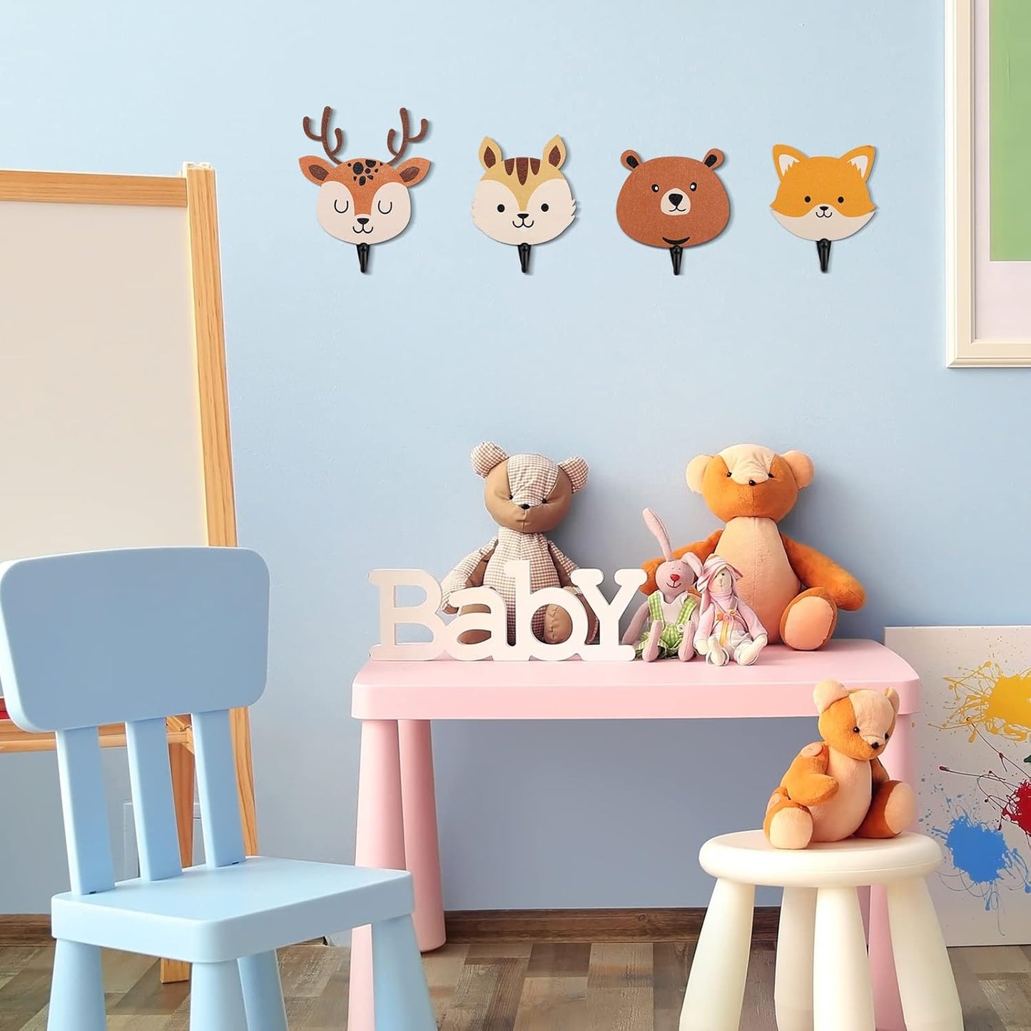 4 Pcs Kids Wall Hooks Wooden Safari Animal Decorative Wall Mount Coat Hooks Jungle Animal Theme Nursery Decor Cute Towel Hanger for Kids Room Bedroom Bathroom Home Decorations