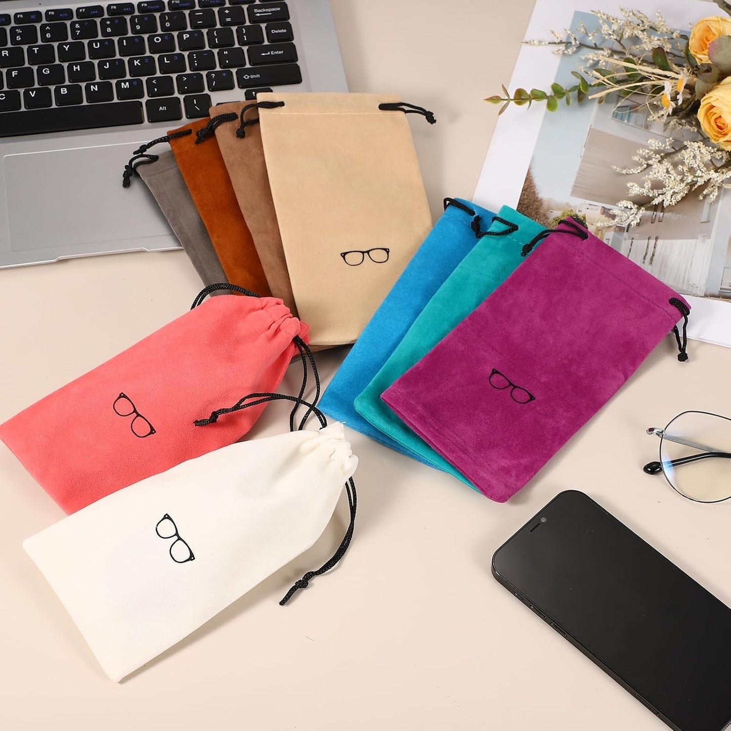 Flocking Eyeglass Cases, Sunglass Case Portable Glasses Pouch with Drawstring Sunglasses Bag with Glasses Cloth