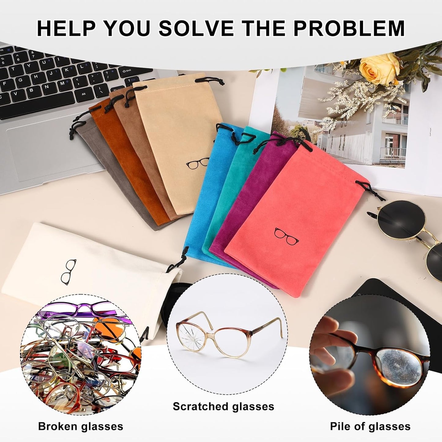 Flocking Eyeglass Cases, Sunglass Case Portable Glasses Pouch with Drawstring Sunglasses Bag with Glasses Cloth