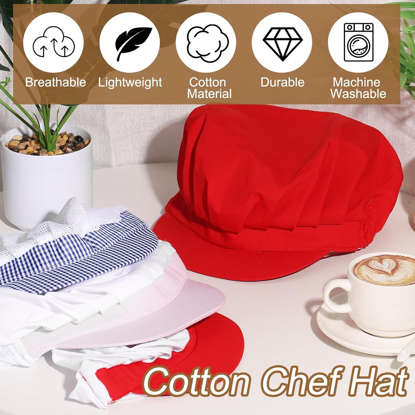 Chef Hat, Adjustable Elastic Band Cotton Baker Hat for Women and Men, Full Cloth Baker Hat Food Service Hair Nets