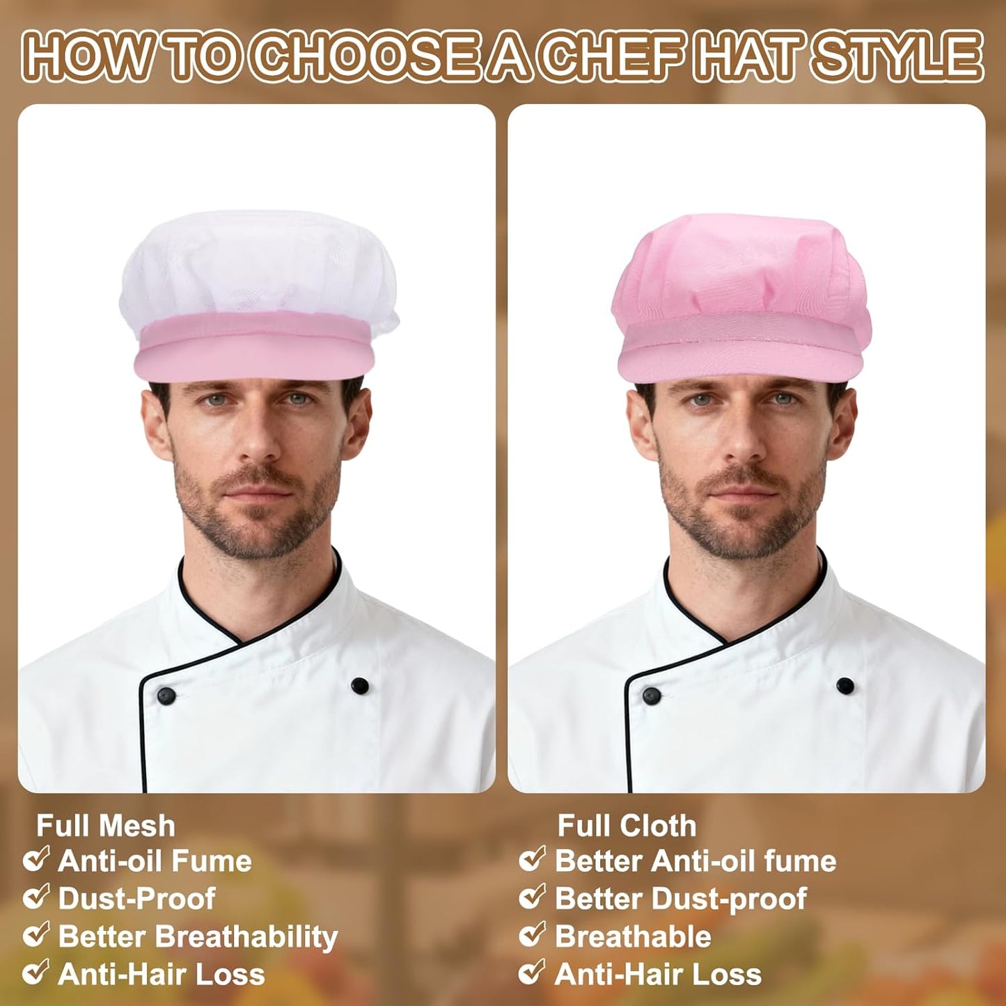 Chef Hat, Adjustable Elastic Band Cotton Baker Hat for Women and Men, Full Cloth Baker Hat Food Service Hair Nets
