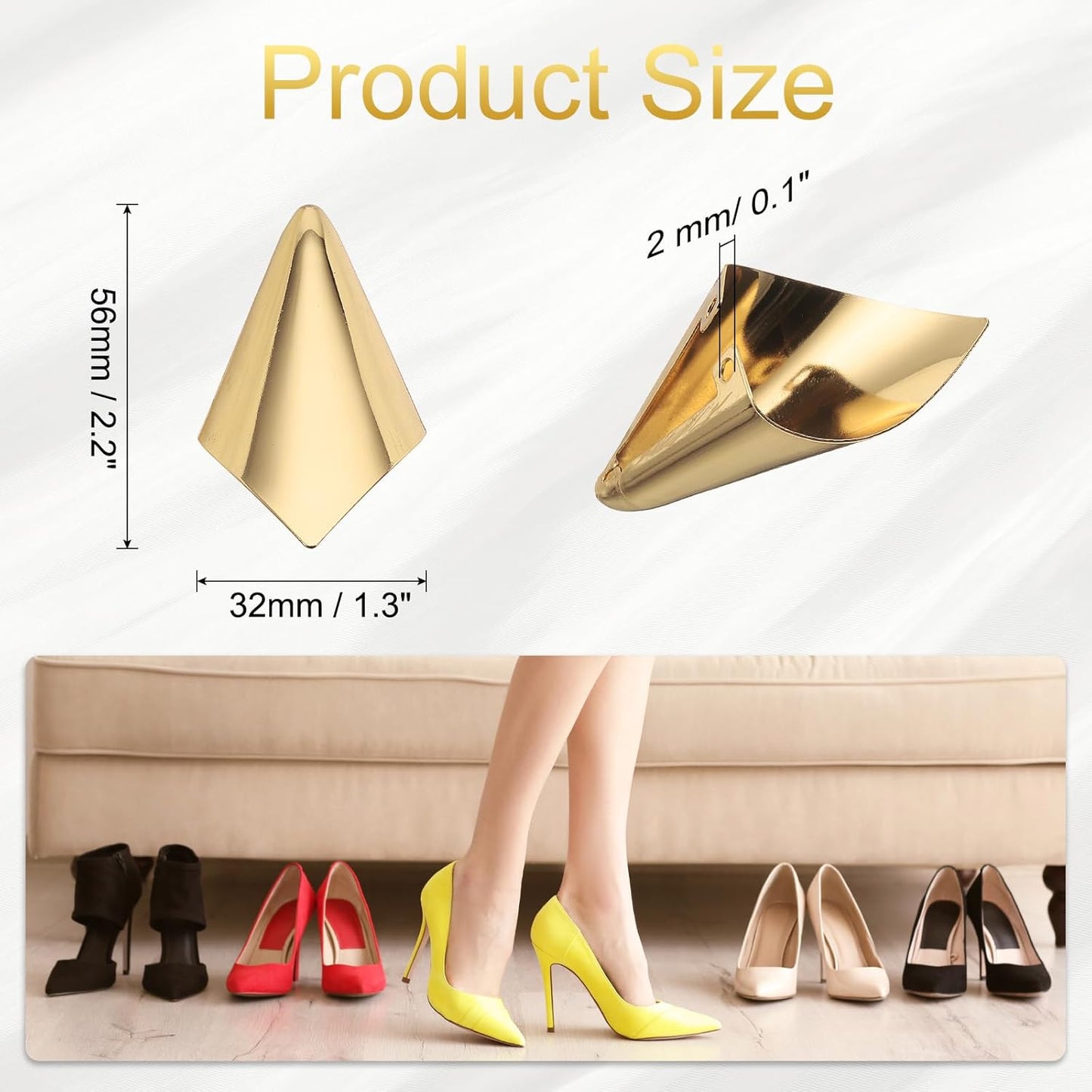 2Pcs Metal Shoes Pointed Protector High Heel Toe Caps Cover, Durable Shoe Tip Cover, Gold, 32mm
