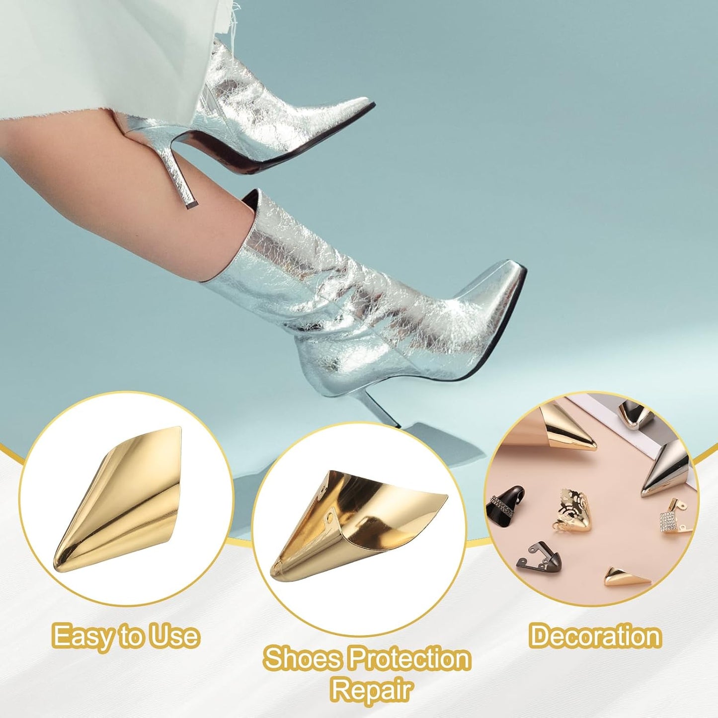 2Pcs Metal Shoes Pointed Protector High Heel Toe Caps Cover, Durable Shoe Tip Cover, Gold, 32mm