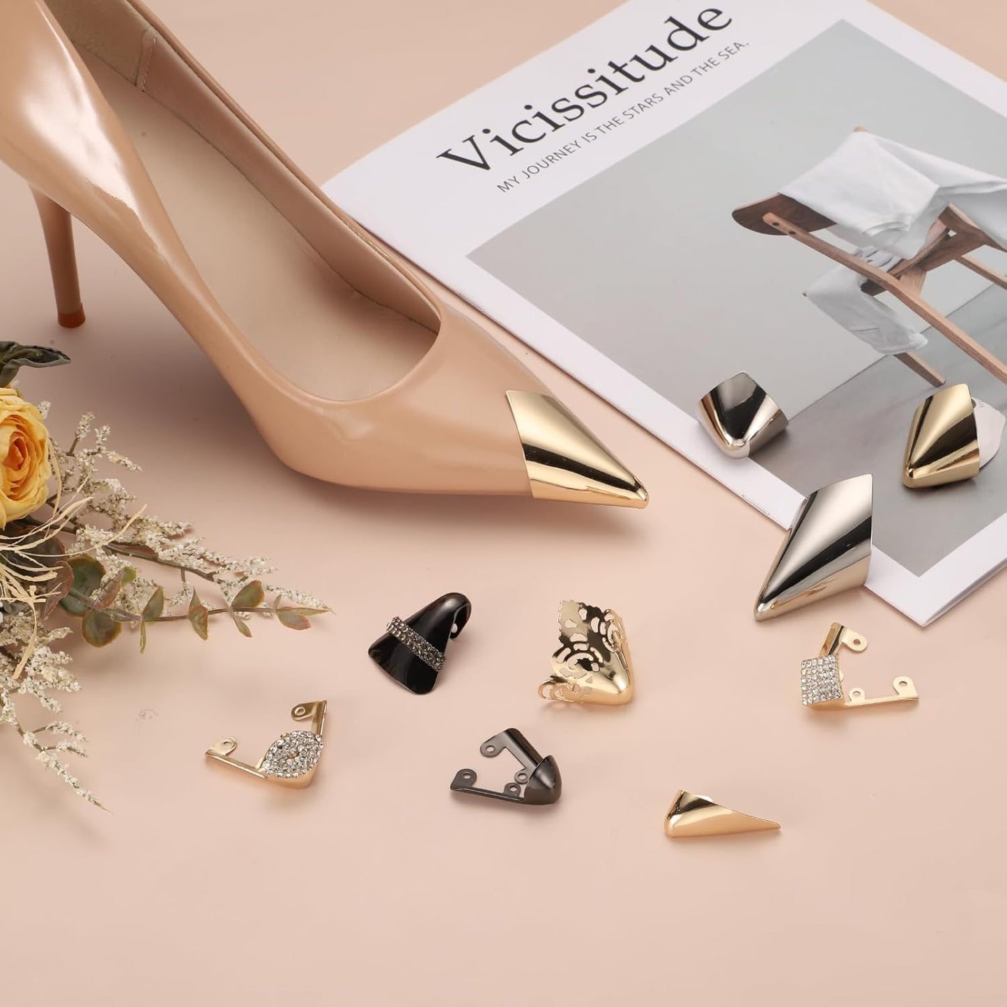 2Pcs Metal Shoes Pointed Protector High Heel Toe Caps Cover, Durable Shoe Tip Cover, Gold, 32mm