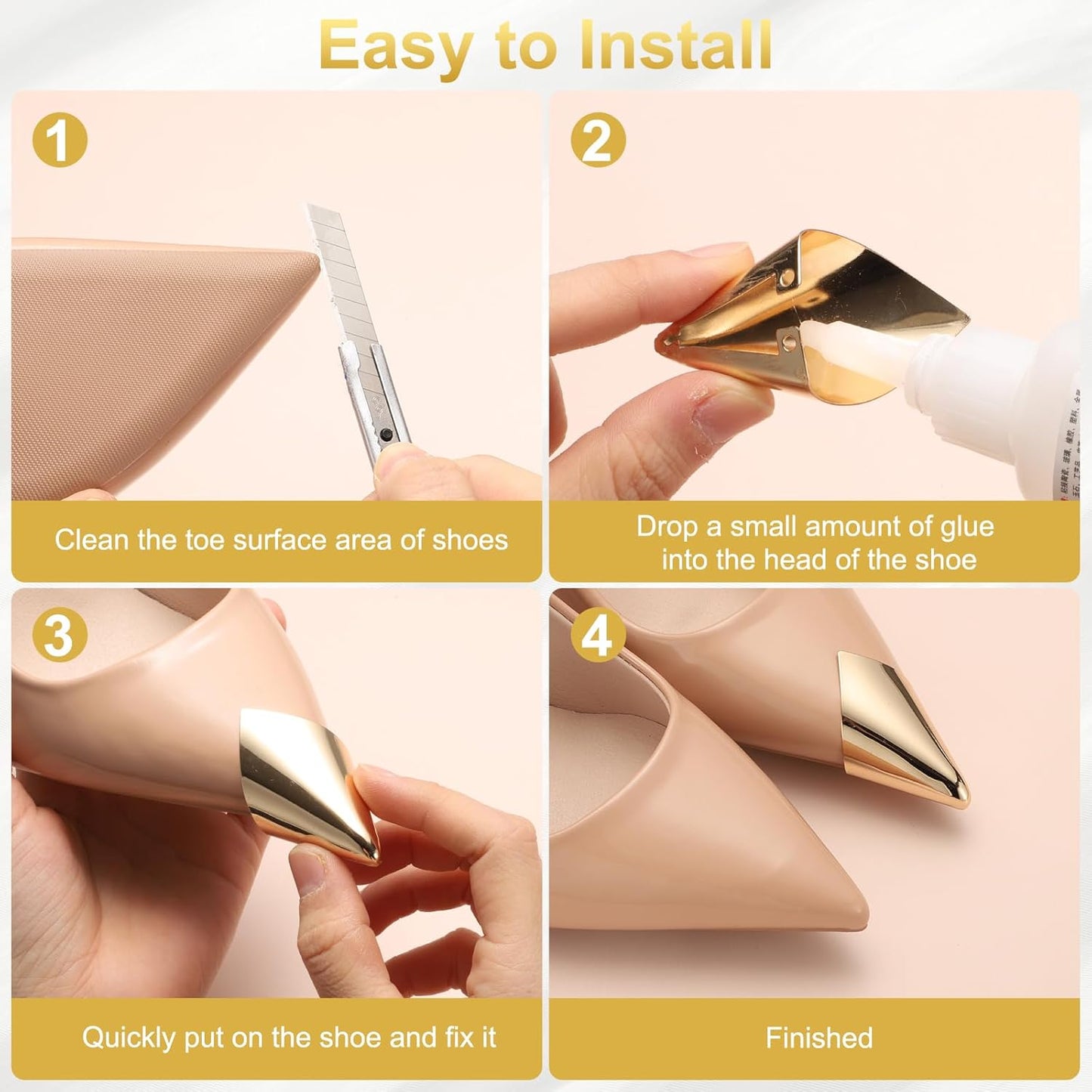 2Pcs Metal Shoes Pointed Protector High Heel Toe Caps Cover, Durable Shoe Tip Cover, Gold, 32mm