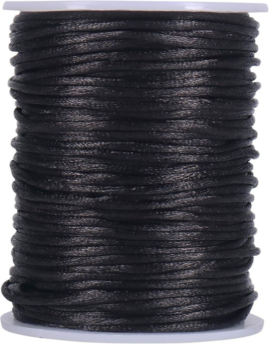 Nylon Satin Cord, 295 Feet 2mm Black Silky Rattail Cord Necklace String for Jewelry Making, Bracelets, Necklaces, Lanyards, Keychains, Beading