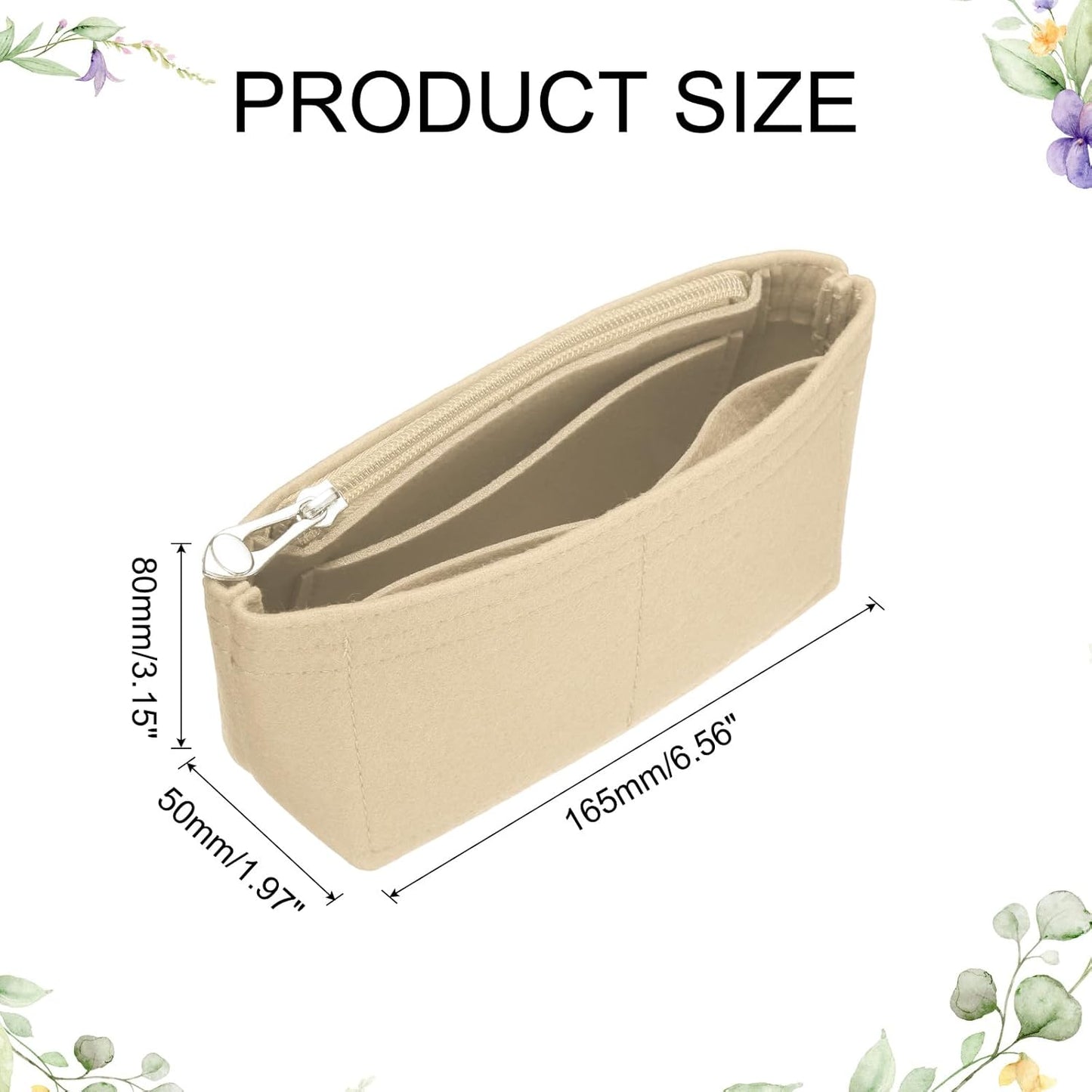 Purse Organizer Insert, Small Felt Handbag Organizer Mini Bag Storage & Finishing Inner Bag Liner with Zipper for Chic Backpack Tote Shoulder Bags, Khaki