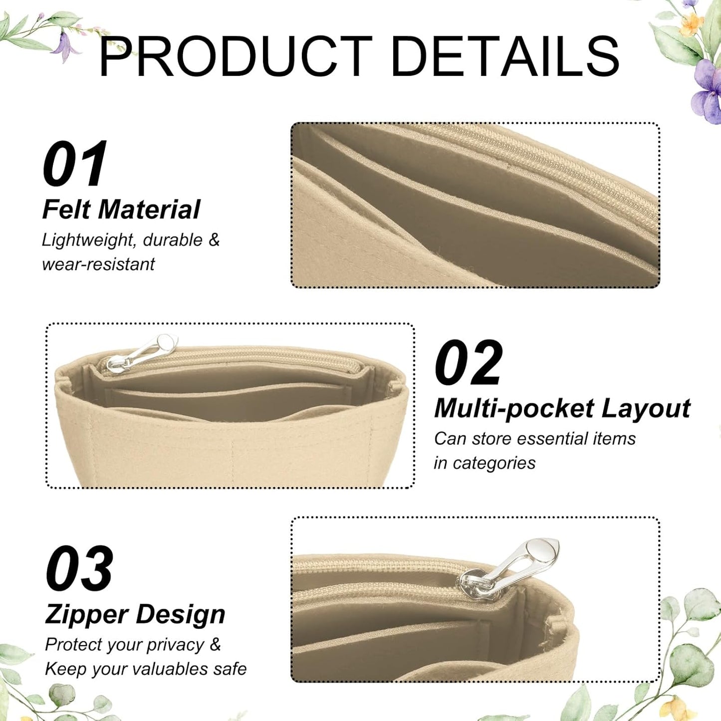 Purse Organizer Insert, Small Felt Handbag Organizer Mini Bag Storage & Finishing Inner Bag Liner with Zipper for Chic Backpack Tote Shoulder Bags, Khaki