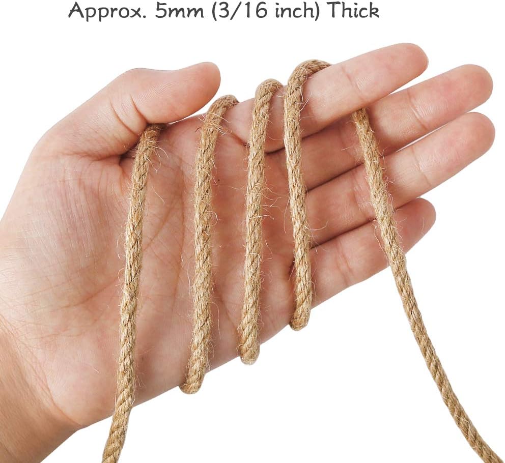 5mm Jute Rope, 100 Feet 4Ply Twisted Heavy Duty and Thick Twine Rope for Gardening, Crafting, Bundling, Cat Scratching Post, Home Decor, Christmas Decorations