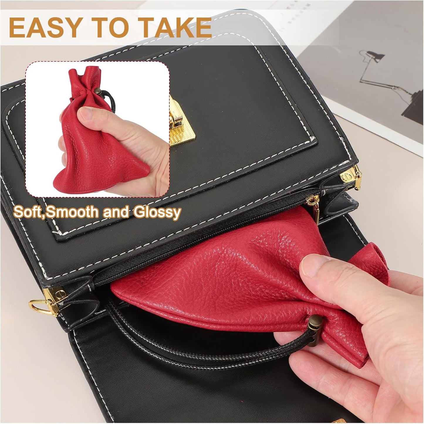 1 Pcs Drawstring Bag, Leather Coin Purse, Change Purse for Women, Men's Leather Bag, for Jewelry, Keys, Coin Storage(Black)