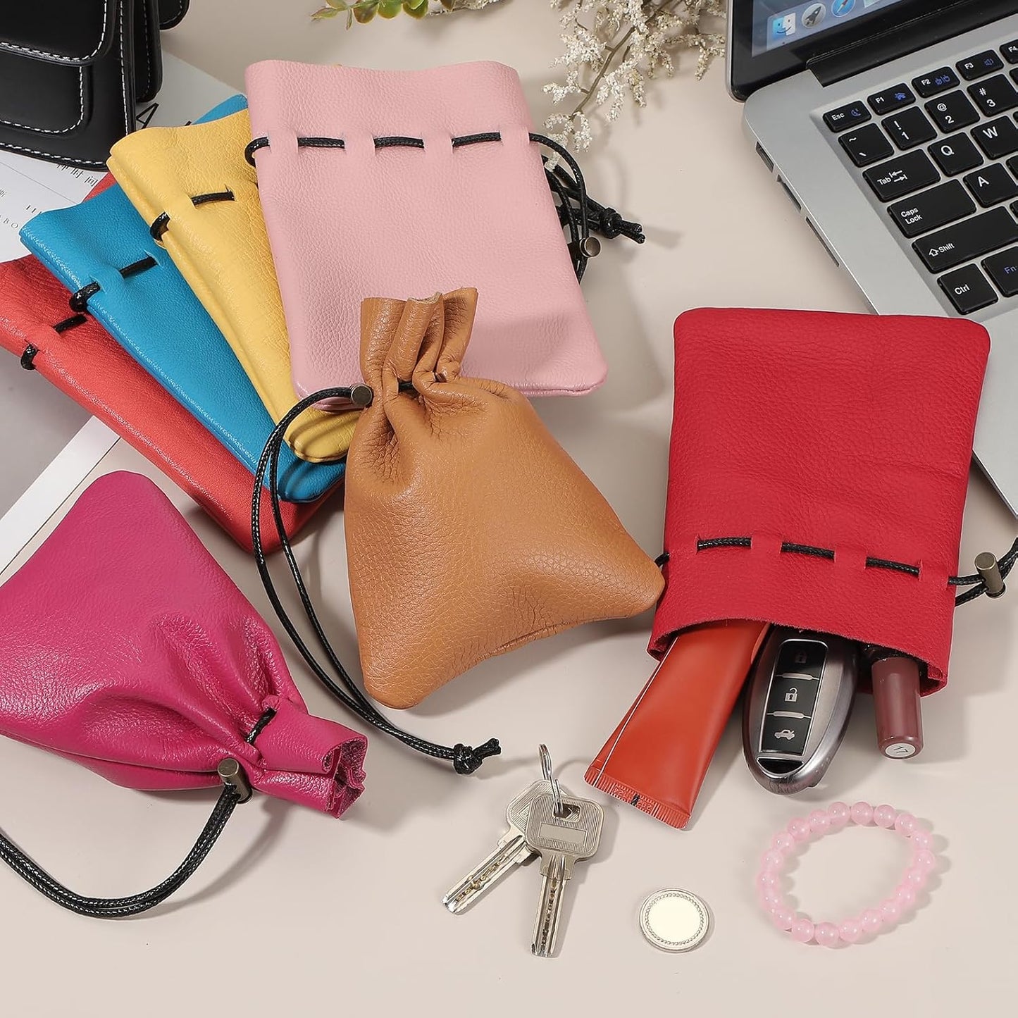 1 Pcs Drawstring Bag, Leather Coin Purse, Change Purse for Women, Men's Leather Bag, for Jewelry, Keys, Coin Storage(Black)