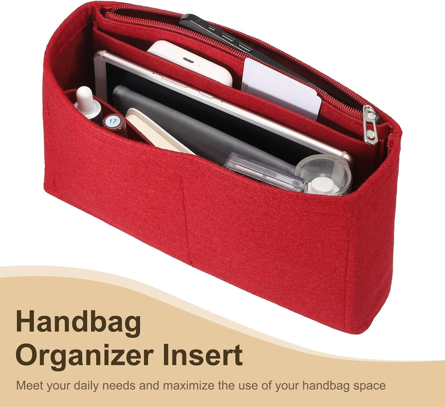 Purse Organizer Insert, Felt Portable Handbag Shaper Multiple Compartments Liner Pouch for Handbag Purse Tote Bag, 5.3" x 2" x 4", Burgundy