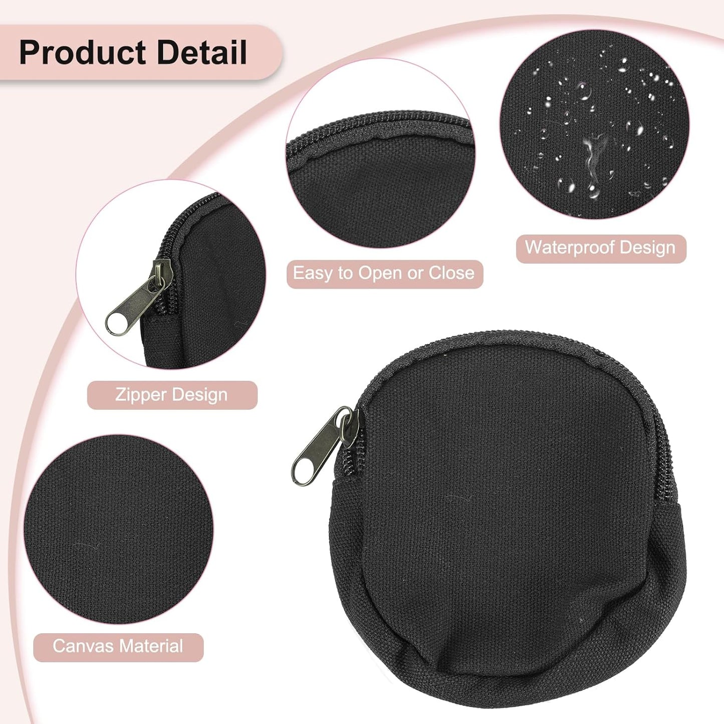 Mini Canvas Coin Purse Pouch, 3.9" Blank Round Mini Coin Wallet Small Change Purses Portable Organizer Bags with Zipper for Women Men Home DIY, Black
