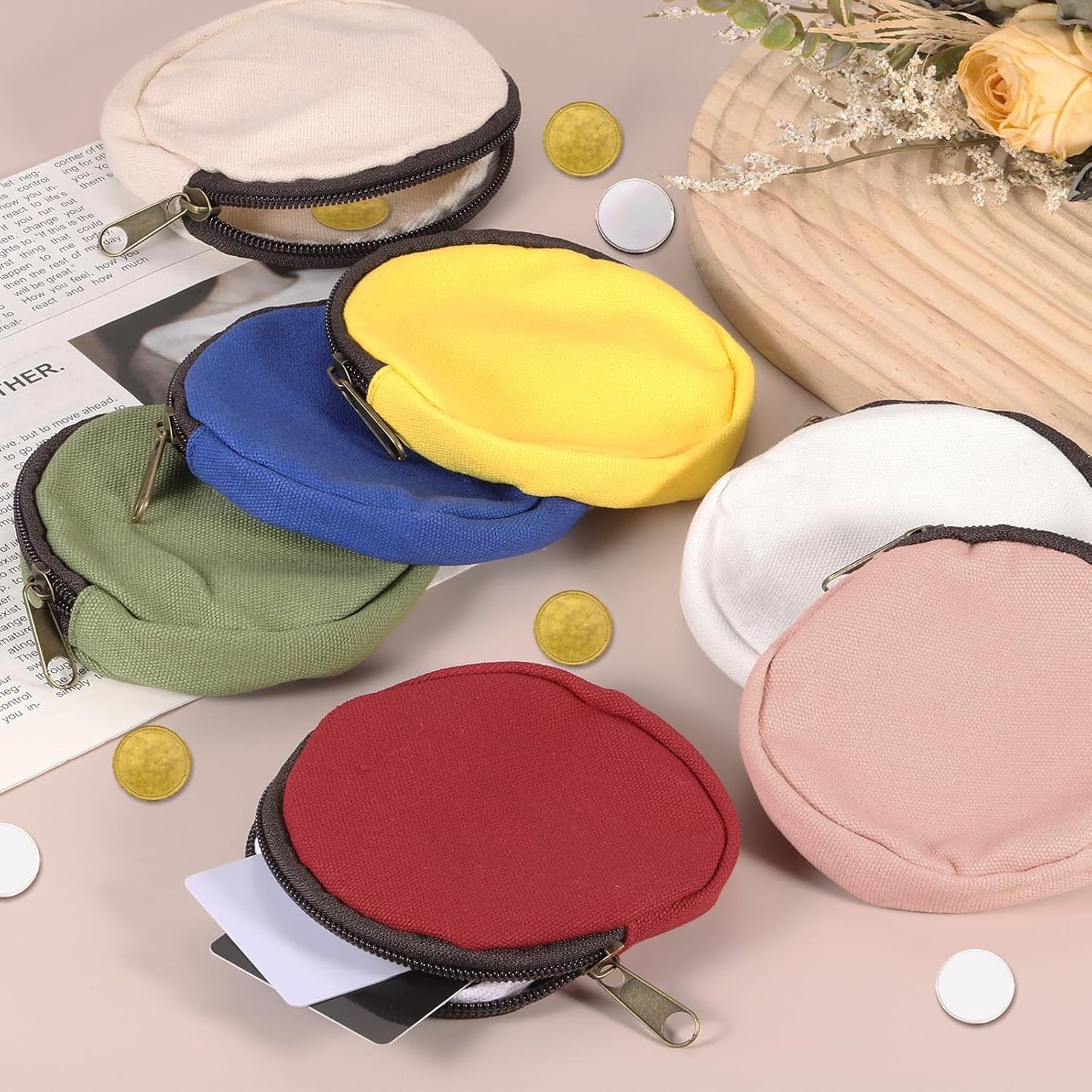 Mini Canvas Coin Purse Pouch, 3.9" Blank Round Mini Coin Wallet Small Change Purses Portable Organizer Bags with Zipper for Women Men Home DIY, Black