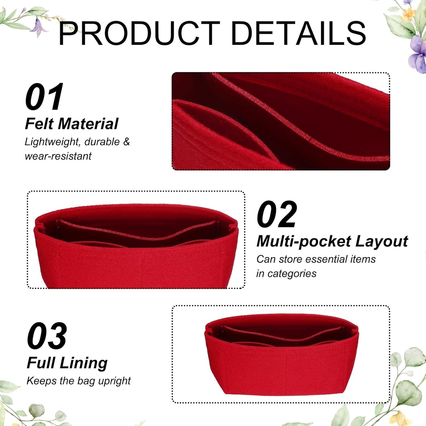 Purse Organizer Insert, Small Felt Handbag Organizer Mini Bag Storage & Finishing Inner Bag Liner for Chic Backpack Tote Shoulder Bags, Red