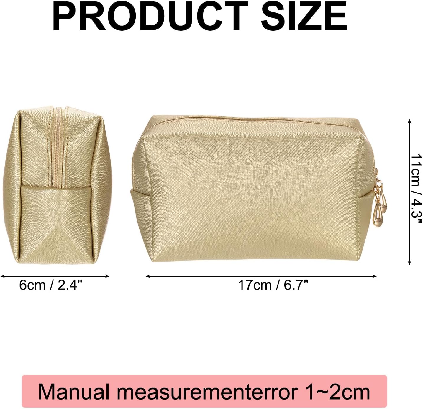PU Leather Square Makeup Bag, Waterproof Cosmetic Organizer Bag Zipper Pouch Travel Toiletry Bag for Women for Makeup Brush Holder (Bronze Gold, Small)