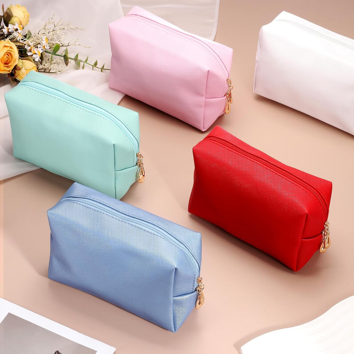 PU Leather Square Makeup Bag, Waterproof Cosmetic Organizer Bag Zipper Pouch Travel Toiletry Bag for Women for Makeup Brush Holder (Bronze Gold, Small)