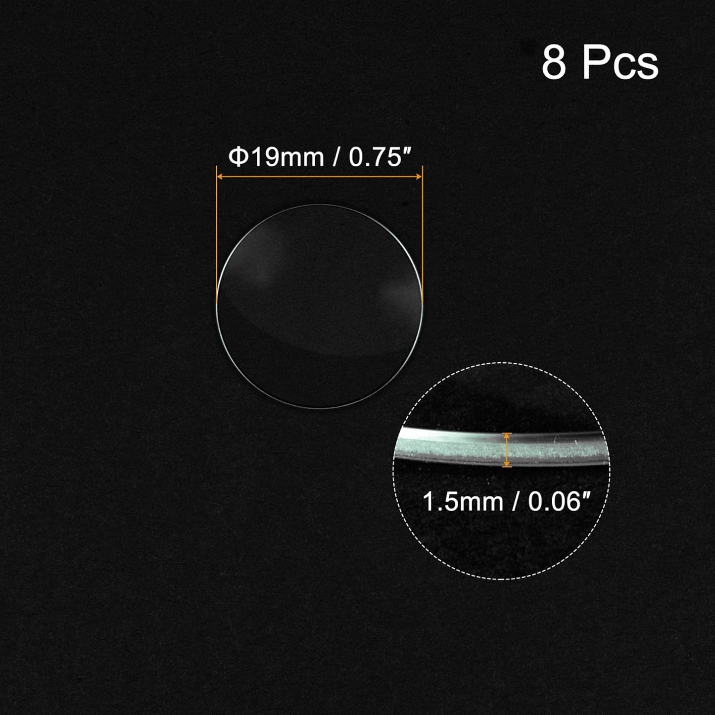 8 Pack 19mm Dia. Watch Glass Crystal Lens, Single Dome Round 1.5mm Edge Thickness for Watchmaker Repair Clear