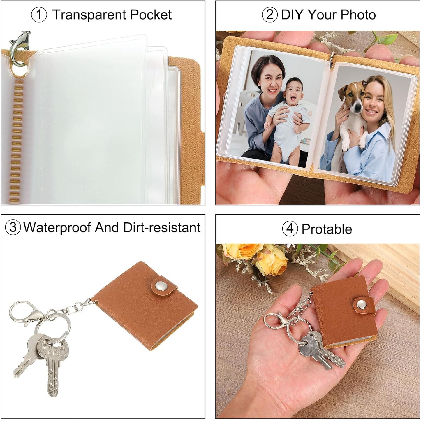 2 Pcs Mini Photo Keychain Custom Keychain Personalized Leather Photo Album Keychains with 20 Pictures DIY Small Memory Key Ring Picture Book for Family, Black