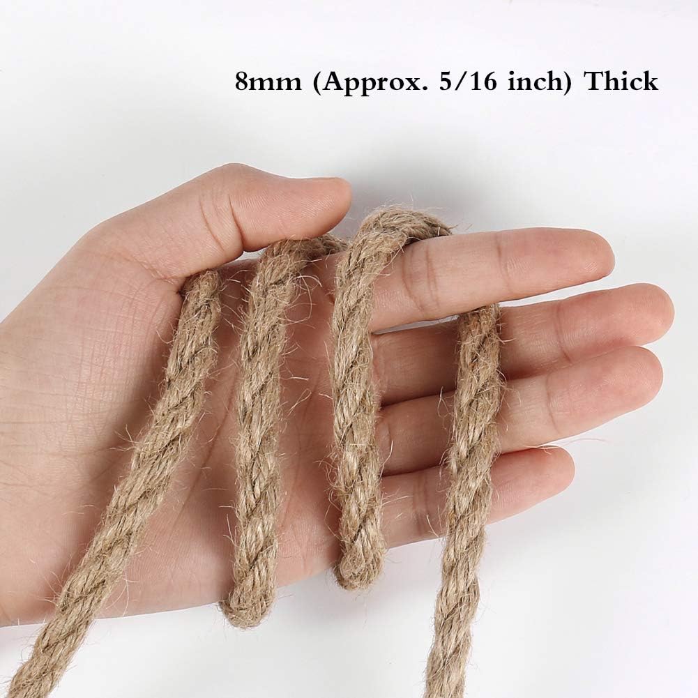 8mm Jute Rope, 50 Feet Heavy Duty and Thick Twine Rope for Crafts, Gardening, Cat Scratching Post, Home Decor
