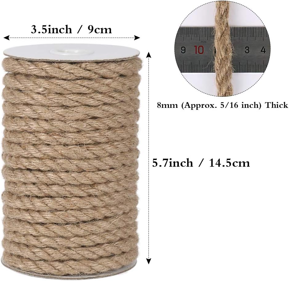 8mm Jute Rope, 50 Feet Heavy Duty and Thick Twine Rope for Crafts, Gardening, Cat Scratching Post, Home Decor