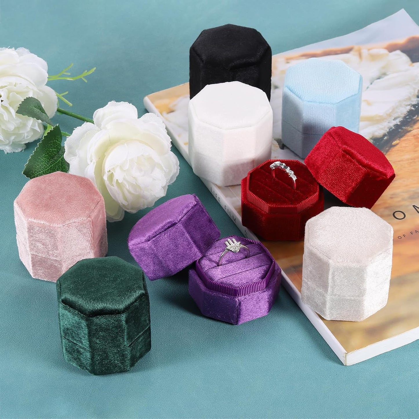 Velvet Ring Box, 3 Slot Octagon Wedding Ring Display Holder Box Jewelry Ring Gift Box for Wedding Ceremony Proposal Engagement (Deep Purple)