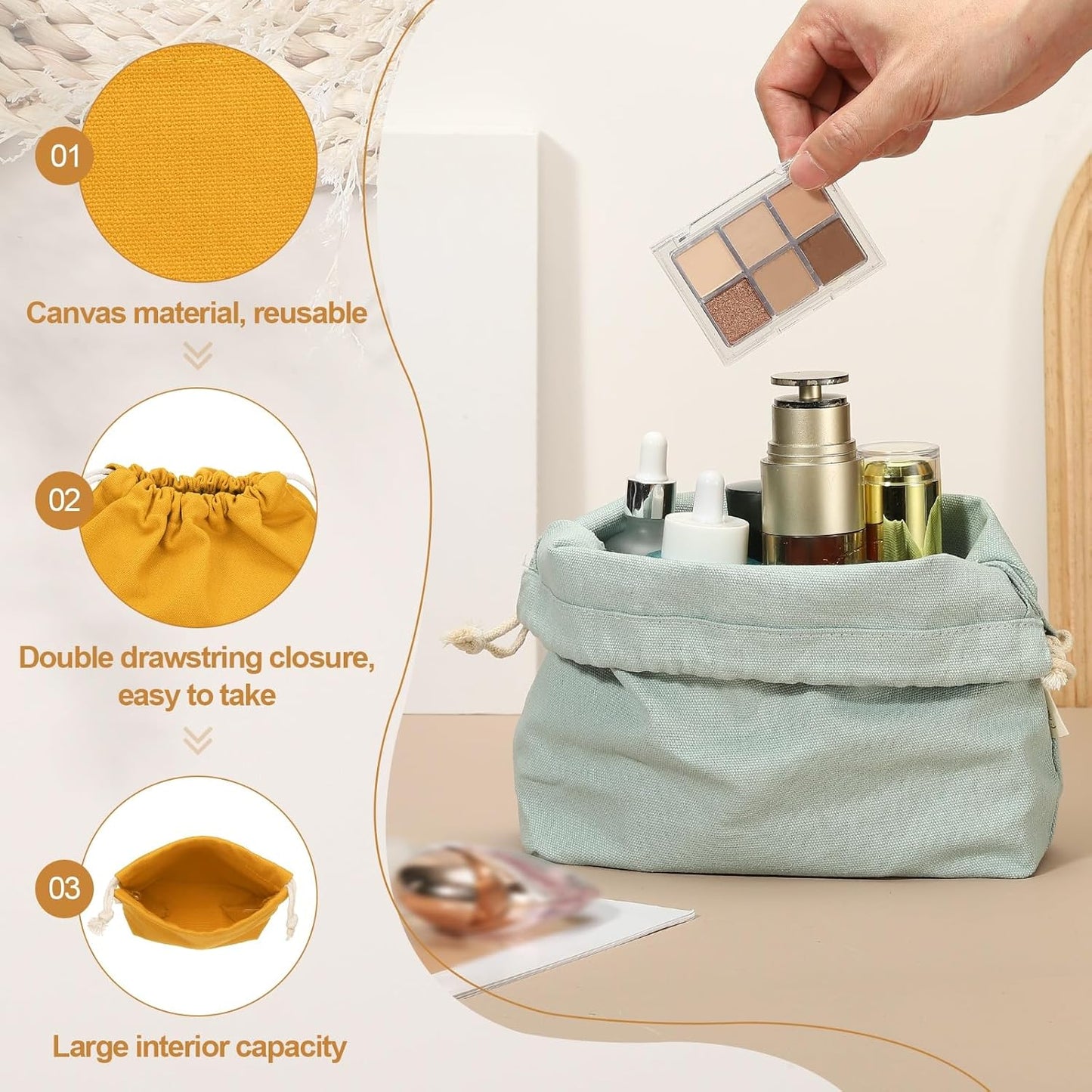 2 Pcs Drawstring Makeup Bag, 4.7" Canvas Cosmetic Bag Women's Make Up Bags Toiletry Organizer Pouch for Travel Toiletries Accessories, Orange