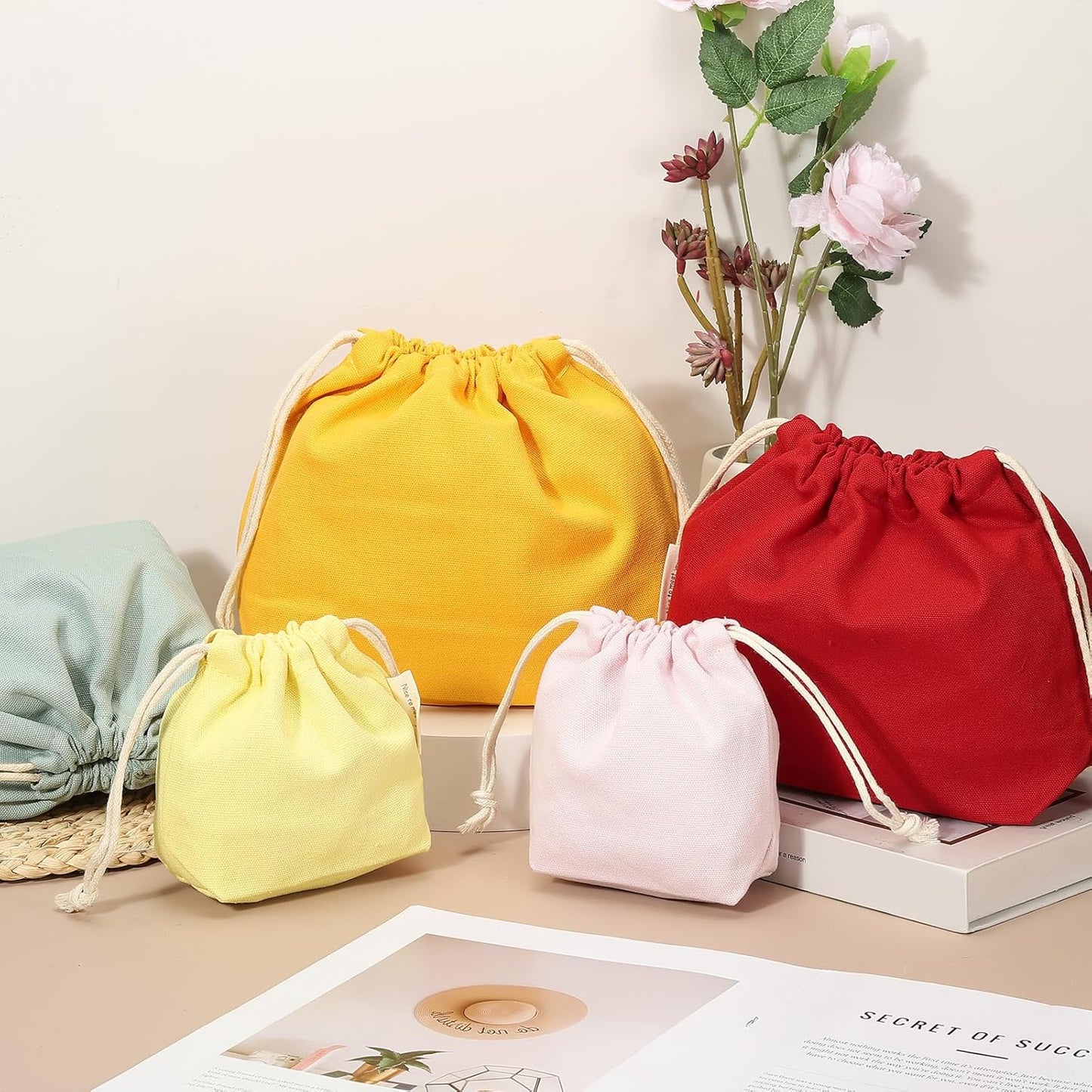 2 Pcs Drawstring Makeup Bag, 4.7" Canvas Cosmetic Bag Women's Make Up Bags Toiletry Organizer Pouch for Travel Toiletries Accessories, Orange