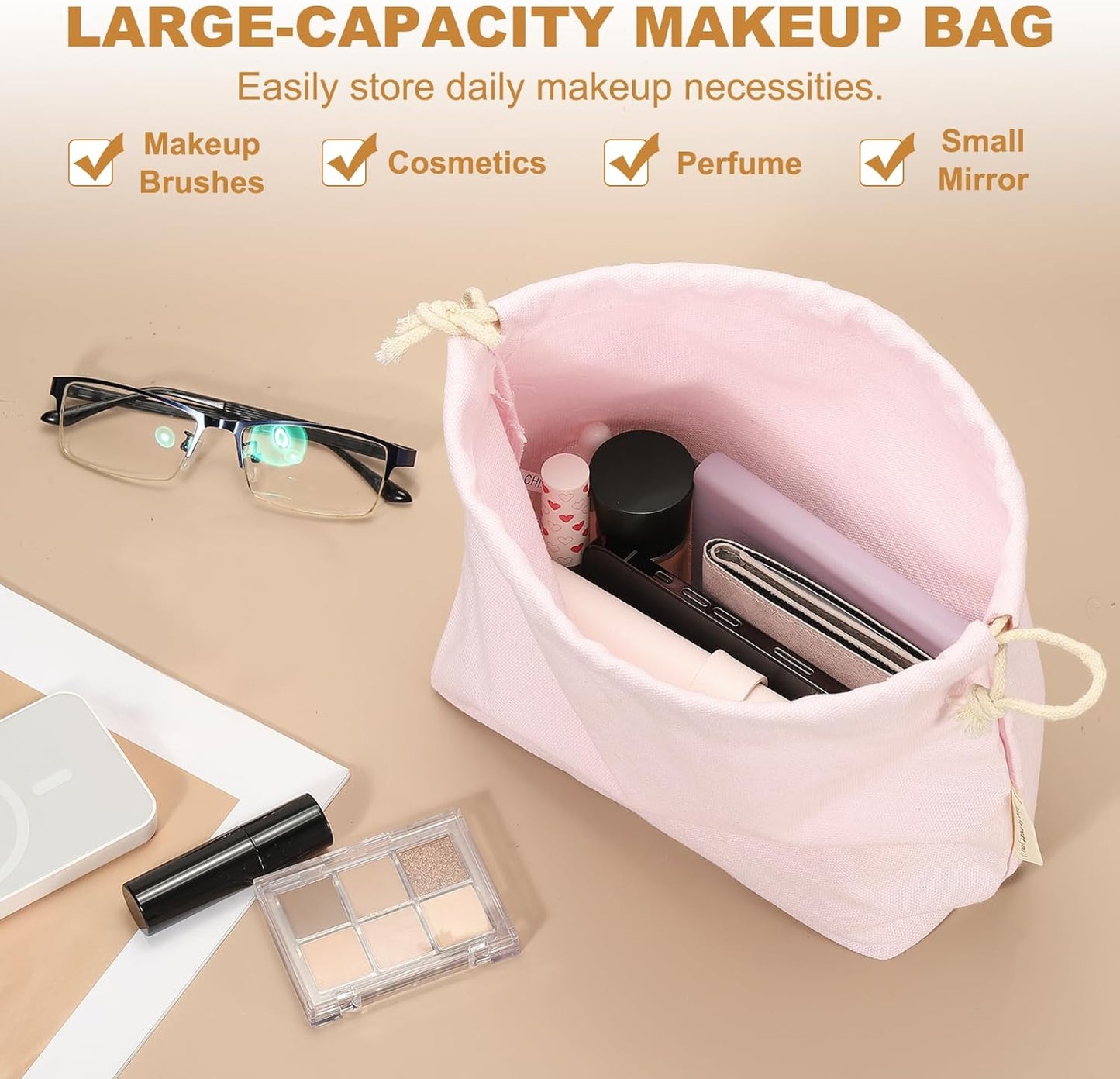 2 Pcs Drawstring Makeup Bag, 4.7" Canvas Cosmetic Bag Women's Make Up Bags Toiletry Organizer Pouch for Travel Toiletries Accessories, Orange