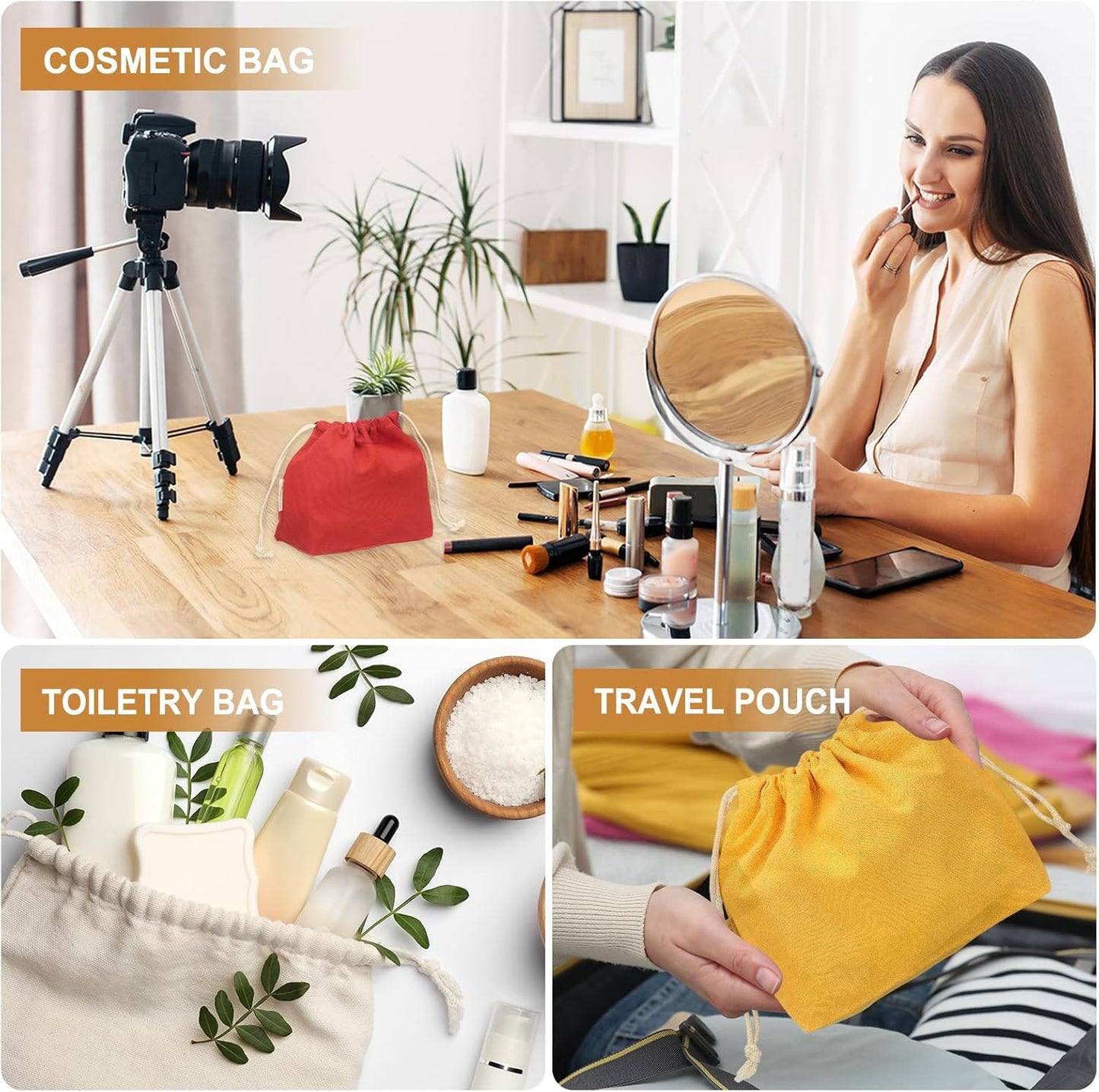 2 Pcs Drawstring Makeup Bag, 4.7" Canvas Cosmetic Bag Women's Make Up Bags Toiletry Organizer Pouch for Travel Toiletries Accessories, Orange
