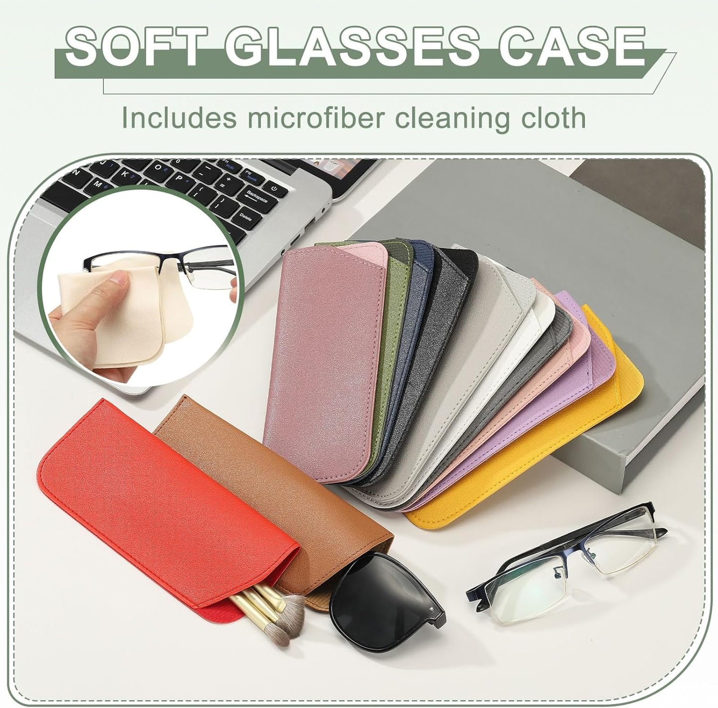 Leather Eyeglass Cases, Portable Glasses Pouch Glasses Sleeve with 2 Cleaning Clothes for Women Men Cases