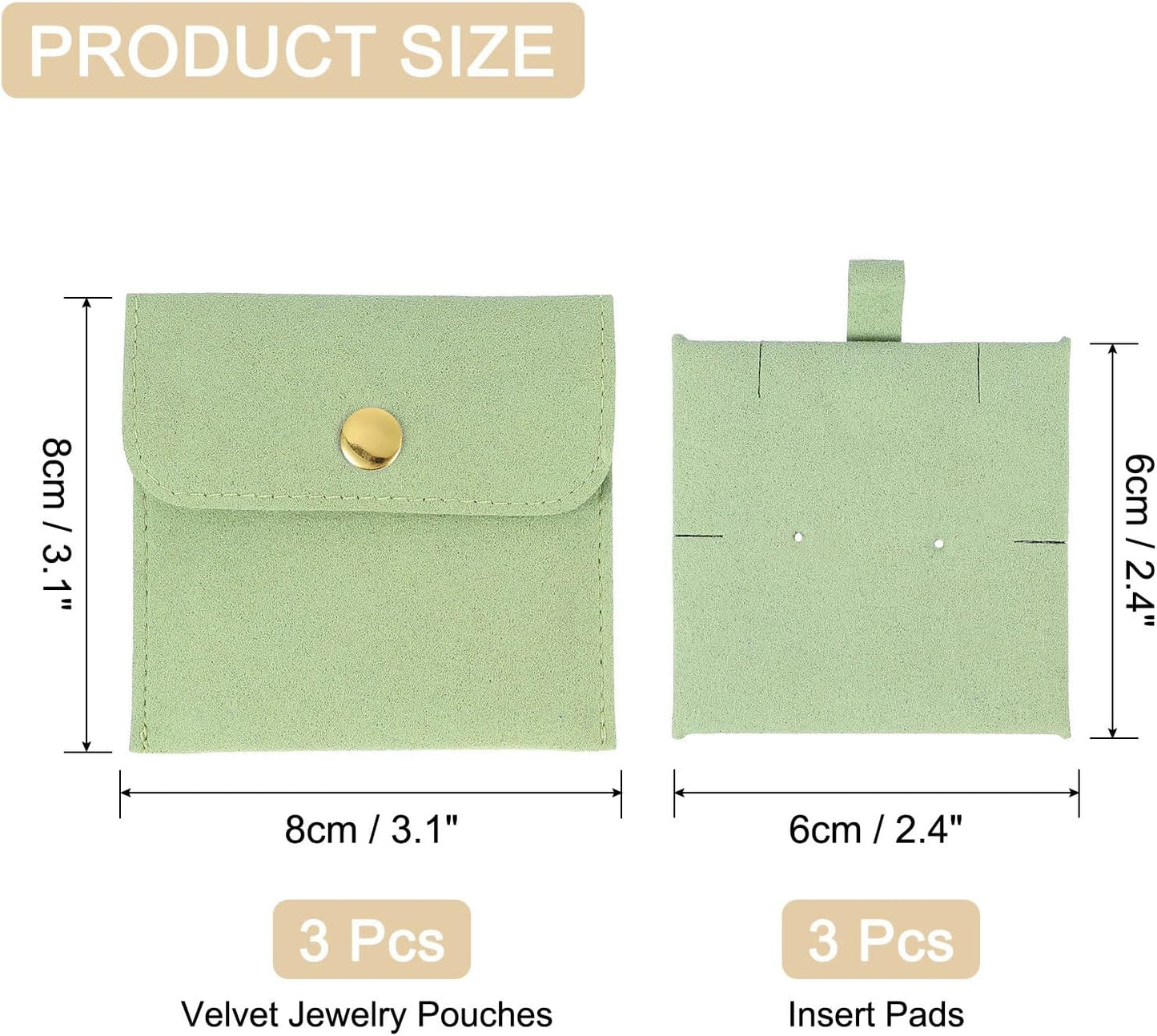 3 Pcs Microfiber Jewelry Pouches with Insert Pad, 8 x 8cm Snap Button Jewelry Velvet Gift Bags Organizer for Rings Necklace Bracelet, Light Green