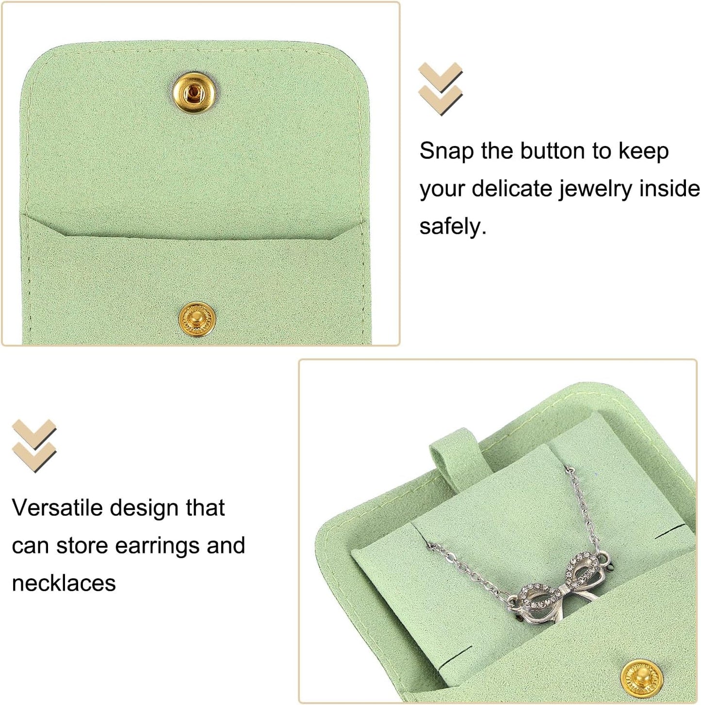 3 Pcs Microfiber Jewelry Pouches with Insert Pad, 8 x 8cm Snap Button Jewelry Velvet Gift Bags Organizer for Rings Necklace Bracelet, Light Green