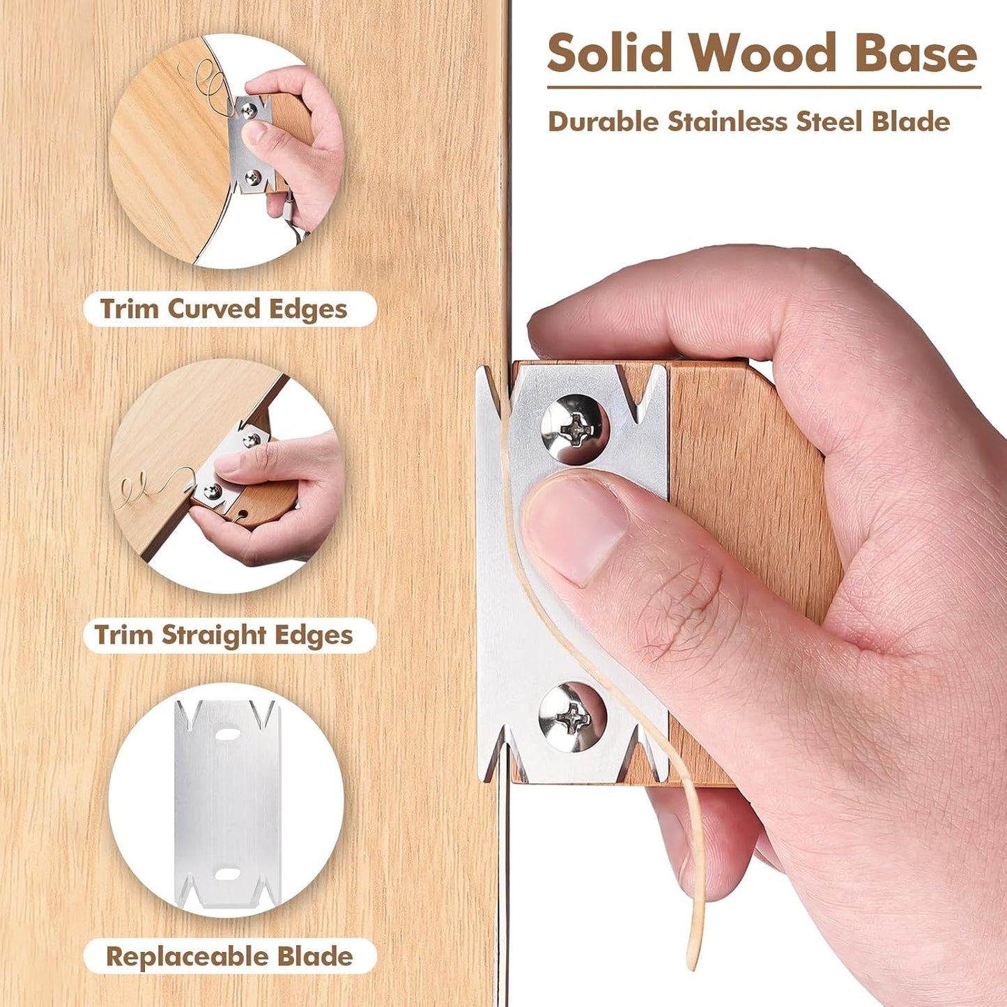 Edge Banding Trimmer, Upgraded Veneer Edge Trimmer with Wooden Handle and 3 Replacement Blades, Edge Band Cutter Tool for Woodworking, Veneer, PVC, Laminate, Plywood, Melamine
