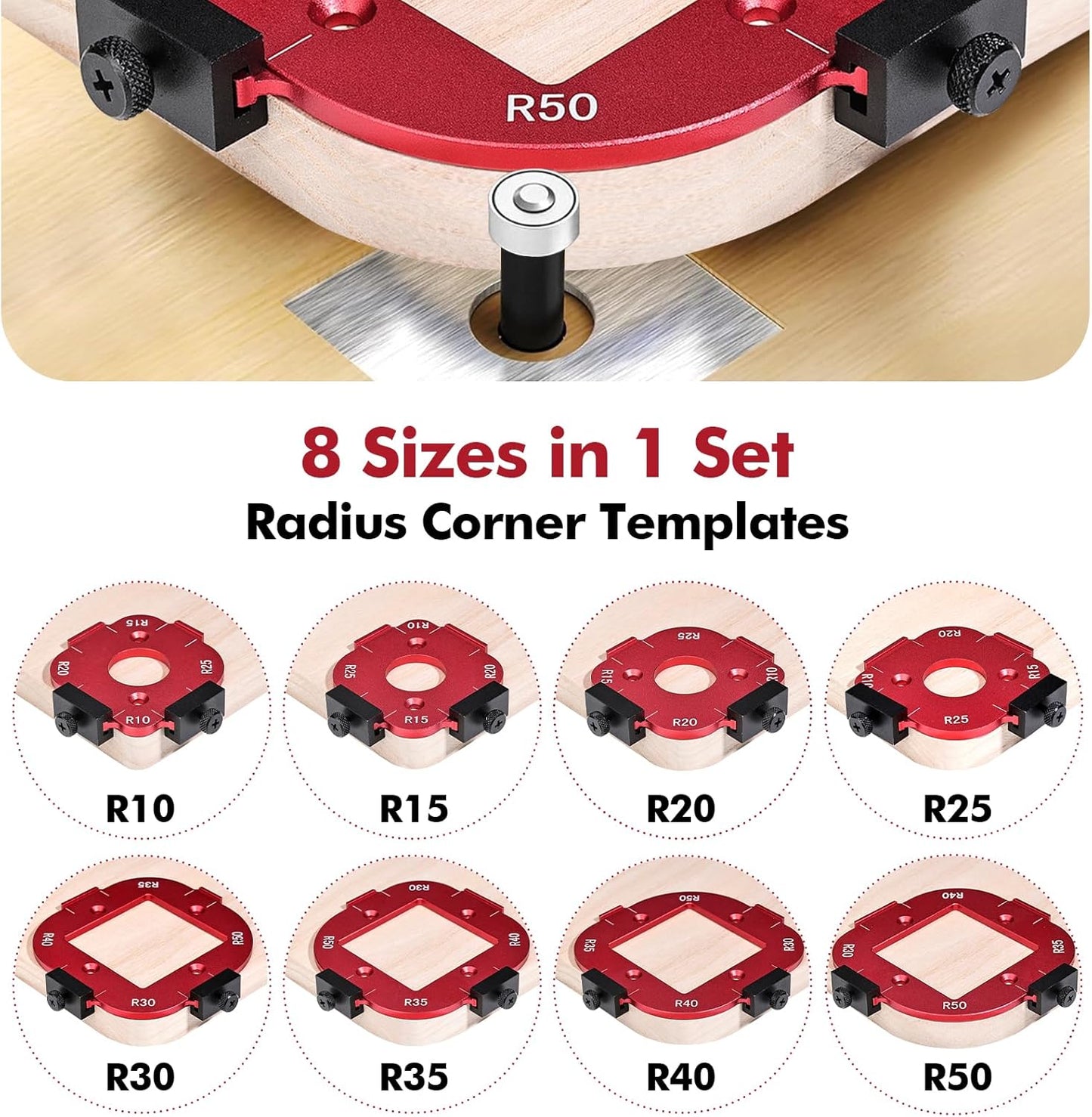 2 Pack Router Corner Radius Template, Premium Aluminum Alloy Router Corner Rounding Jig for Woodworking, 8-in-1 Arc Cutting Guide Set (R10-R50), Fits Trim, Handheld, and Table Routers