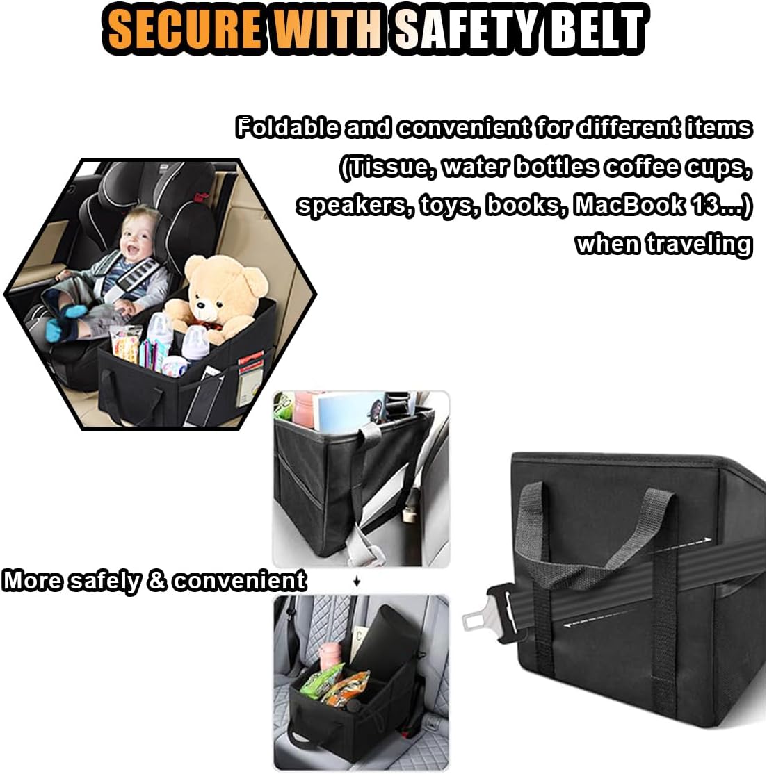 Car Seat Organizer, Foldable Car Storage Organizer with 4 Cup Holders, Rear & Front Seat Storage Bags, Black