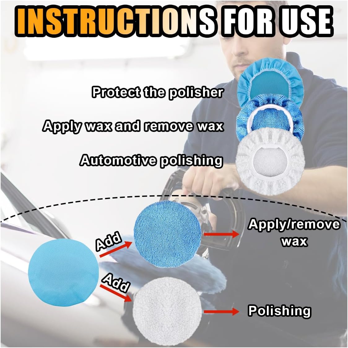 20PCS Car Polisher Pad Bonnets, 7 to 8 Inch Car Orbital Buffer Polisher Pad Bonnet, 12*Microfiber Bonnets, 4*Non-Woven Buffing Bonnet + 2*Woollen