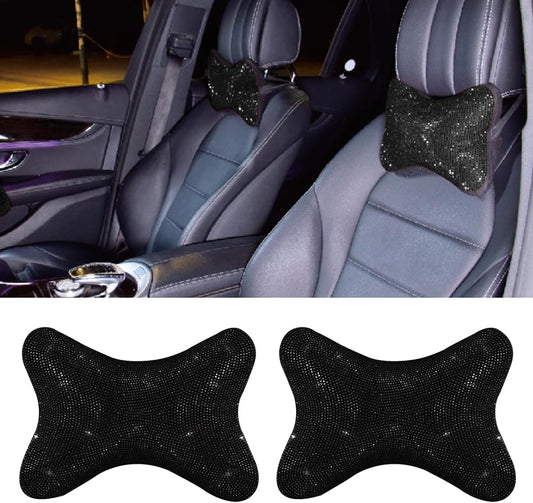 2PCS Car Neck Pillow for Driving Seat, Bling Crystal Rhinestone Diamond Comfortable Headrest Cushion, Head Rest Neck Support Relax, Car Interior Accessories for Women Girly (Black)