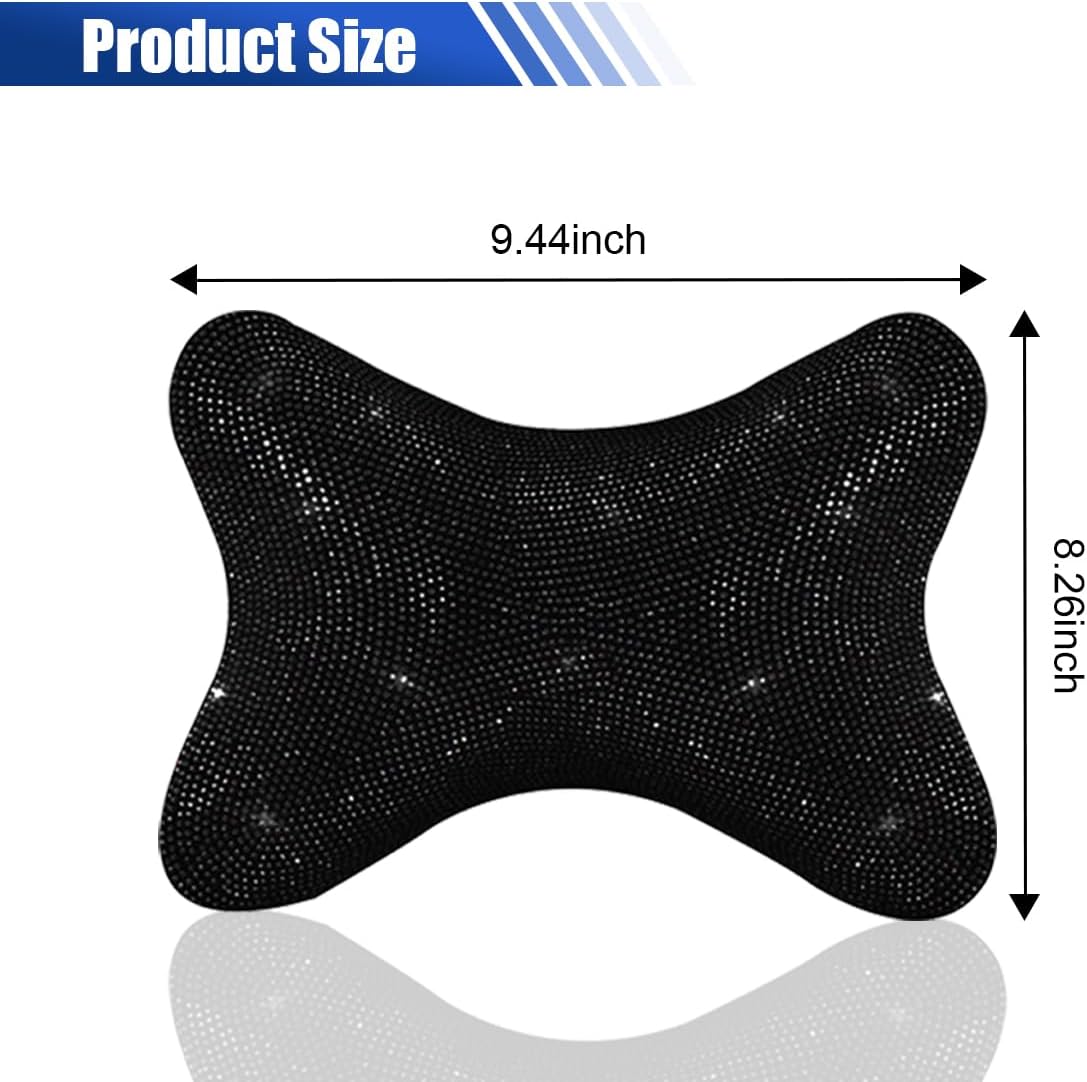 2PCS Car Neck Pillow for Driving Seat, Bling Crystal Rhinestone Diamond Comfortable Headrest Cushion, Head Rest Neck Support Relax, Car Interior Accessories for Women Girly (Black)