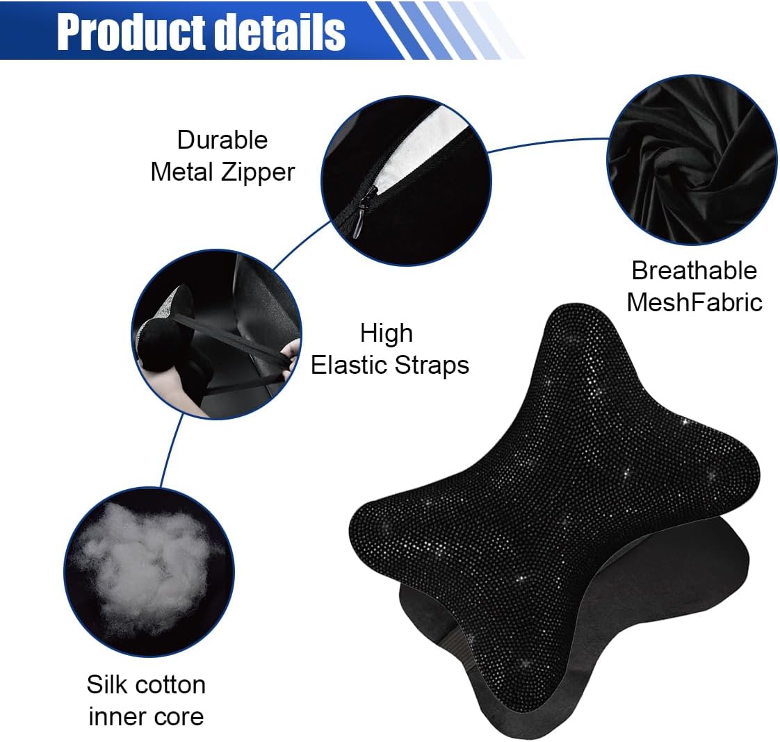 2PCS Car Neck Pillow for Driving Seat, Bling Crystal Rhinestone Diamond Comfortable Headrest Cushion, Head Rest Neck Support Relax, Car Interior Accessories for Women Girly (Black)