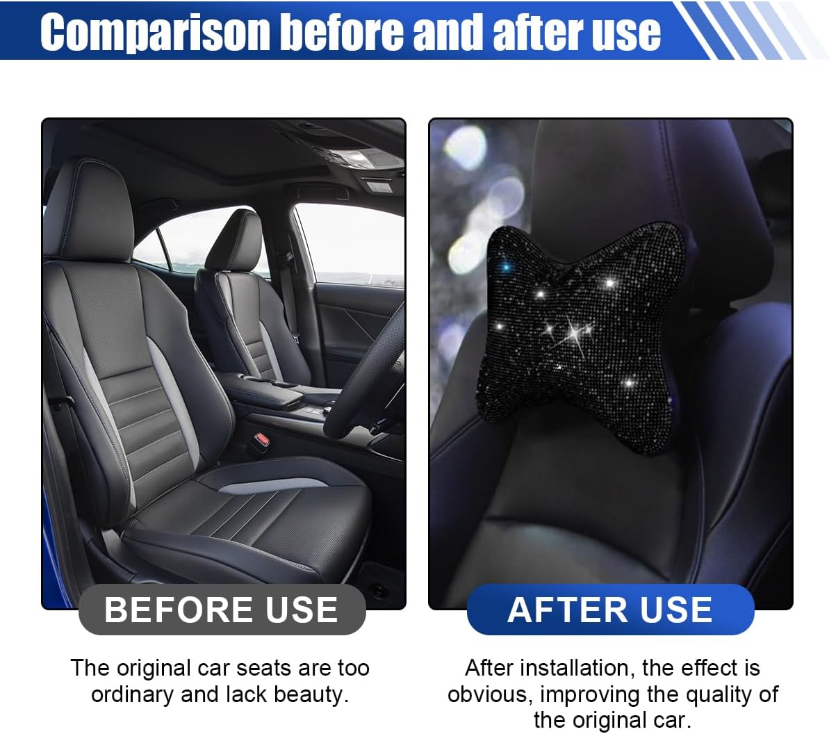 2PCS Car Neck Pillow for Driving Seat, Bling Crystal Rhinestone Diamond Comfortable Headrest Cushion, Head Rest Neck Support Relax, Car Interior Accessories for Women Girly (Black)