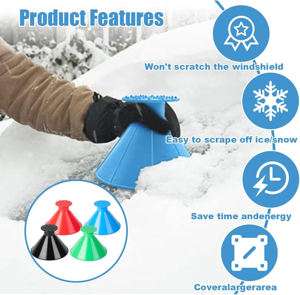 4PCS Magical Ice Scrapers for Car Windshield, Cone-Shaped Car Snow Remover with Funnel, Round Snow Scraper Car Snow Removal Shovel Tool, Frost Wipe Scraper Car Window Cleaner for Ice & Snow