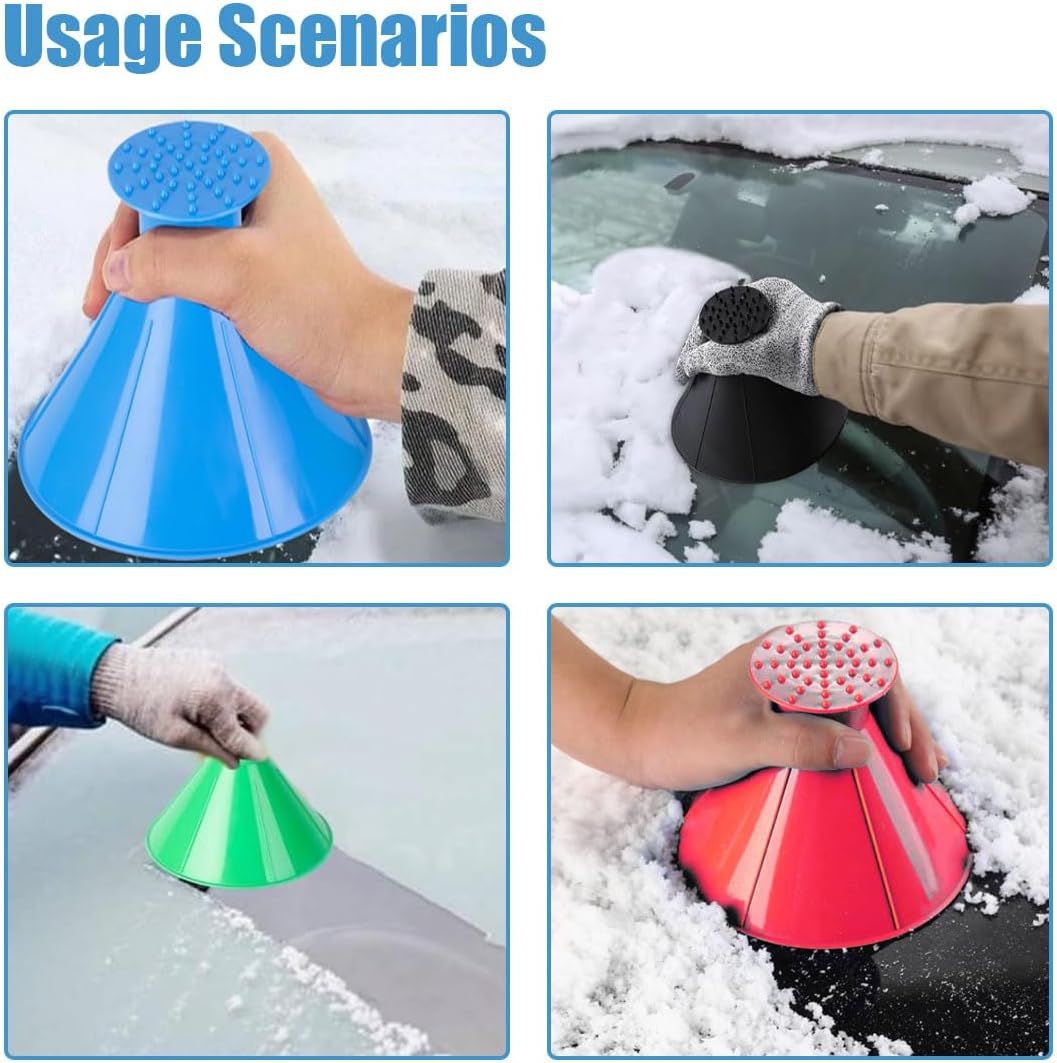 4PCS Magical Ice Scrapers for Car Windshield, Cone-Shaped Car Snow Remover with Funnel, Round Snow Scraper Car Snow Removal Shovel Tool, Frost Wipe Scraper Car Window Cleaner for Ice & Snow