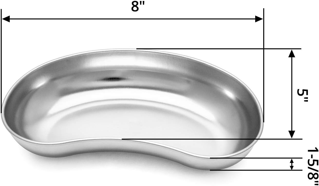 2Pcs 8" Stainless Steel Kidney Tray, Kidney Shaped Emesis Basin, Dental Lab Instruments Surgical Trays, Reusable Metal Kidney Dish,for Soiled Dressings, Medic Waster
