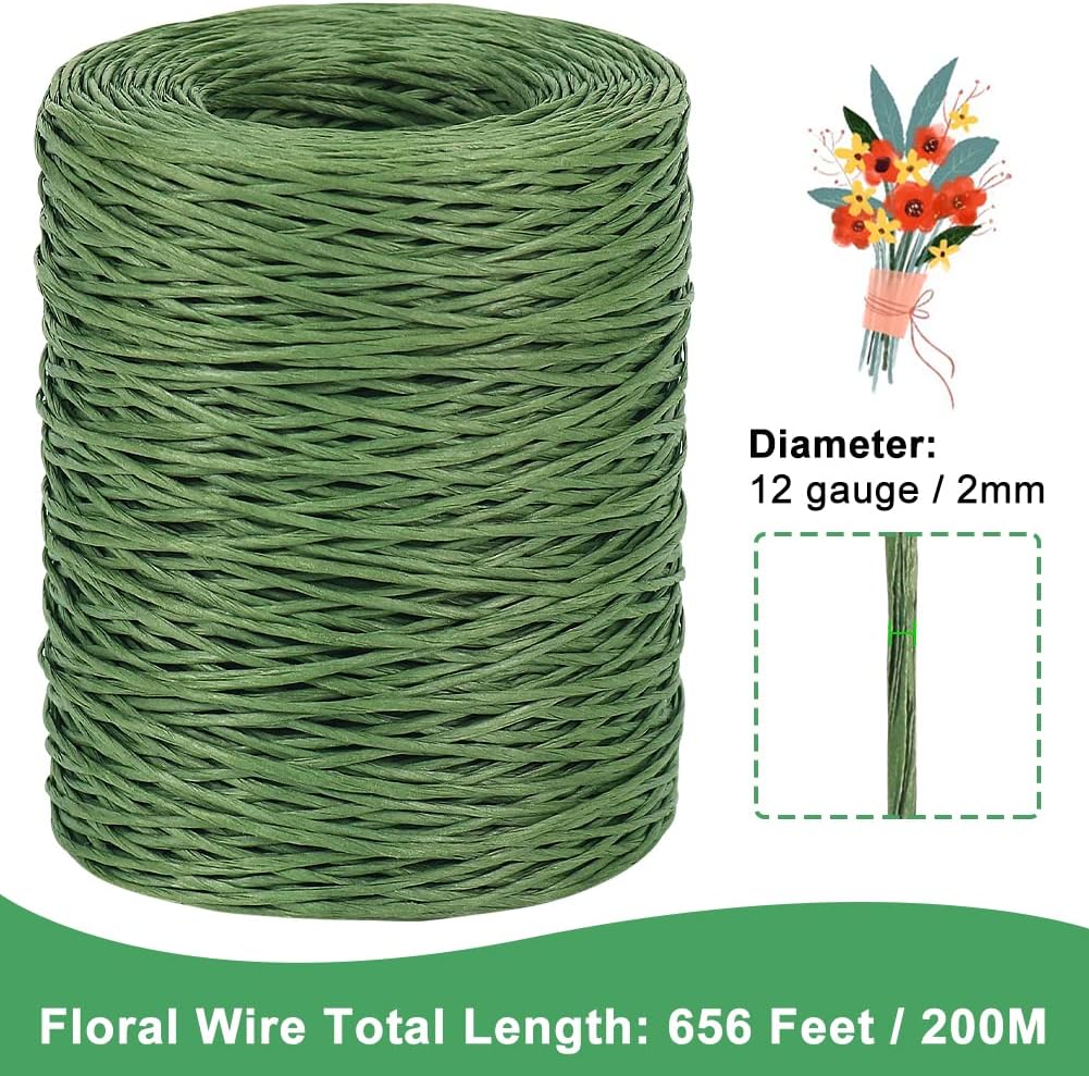 Floral Wire, 656 Feet 2mm Paper Covered Bind Wire for Floral Bouquets, Crowns, Wreath Making, Christmas Ornaments, Garlands, Wedding Decorating, Crafts (Green)