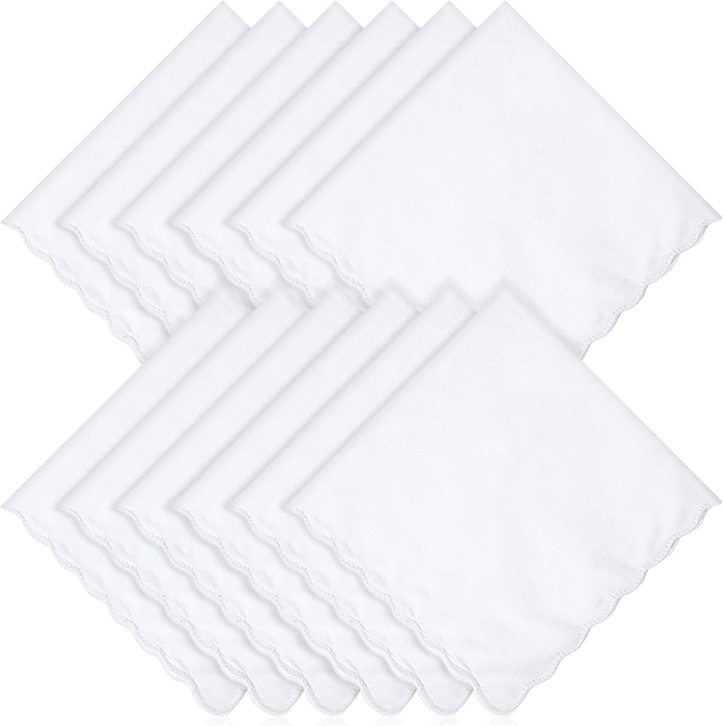 12 Pcs White Handkerchiefs for Women, Premium Polyester Soft Scalloped Edge Ladies Handkerchiefs Hankies, Small Pocket Squares Handkerchief for Wedding Party Gift Embroidery (11 x 11 Inch)